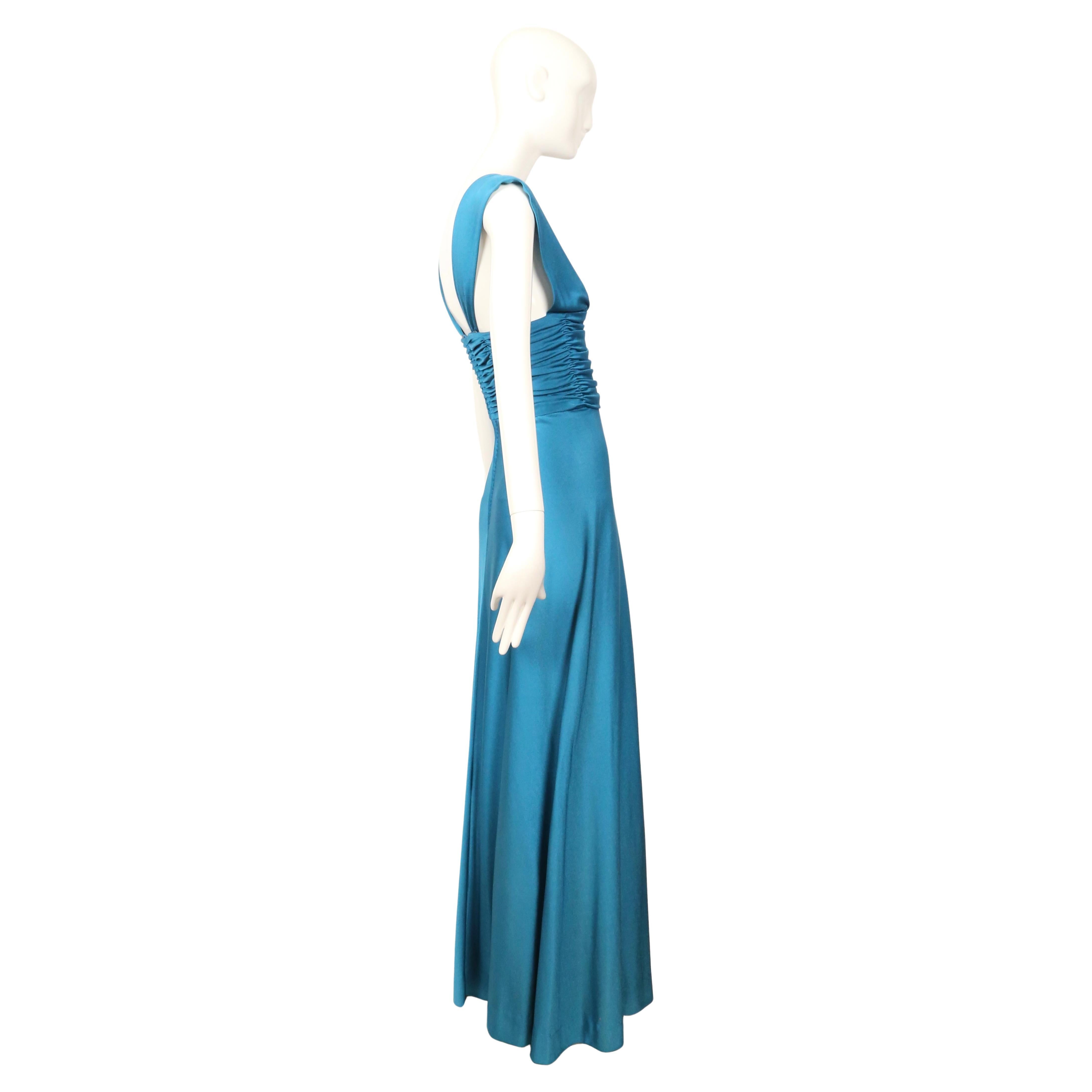 1970's LORIS AZZARO turquoise jersey dress with ruching 2
