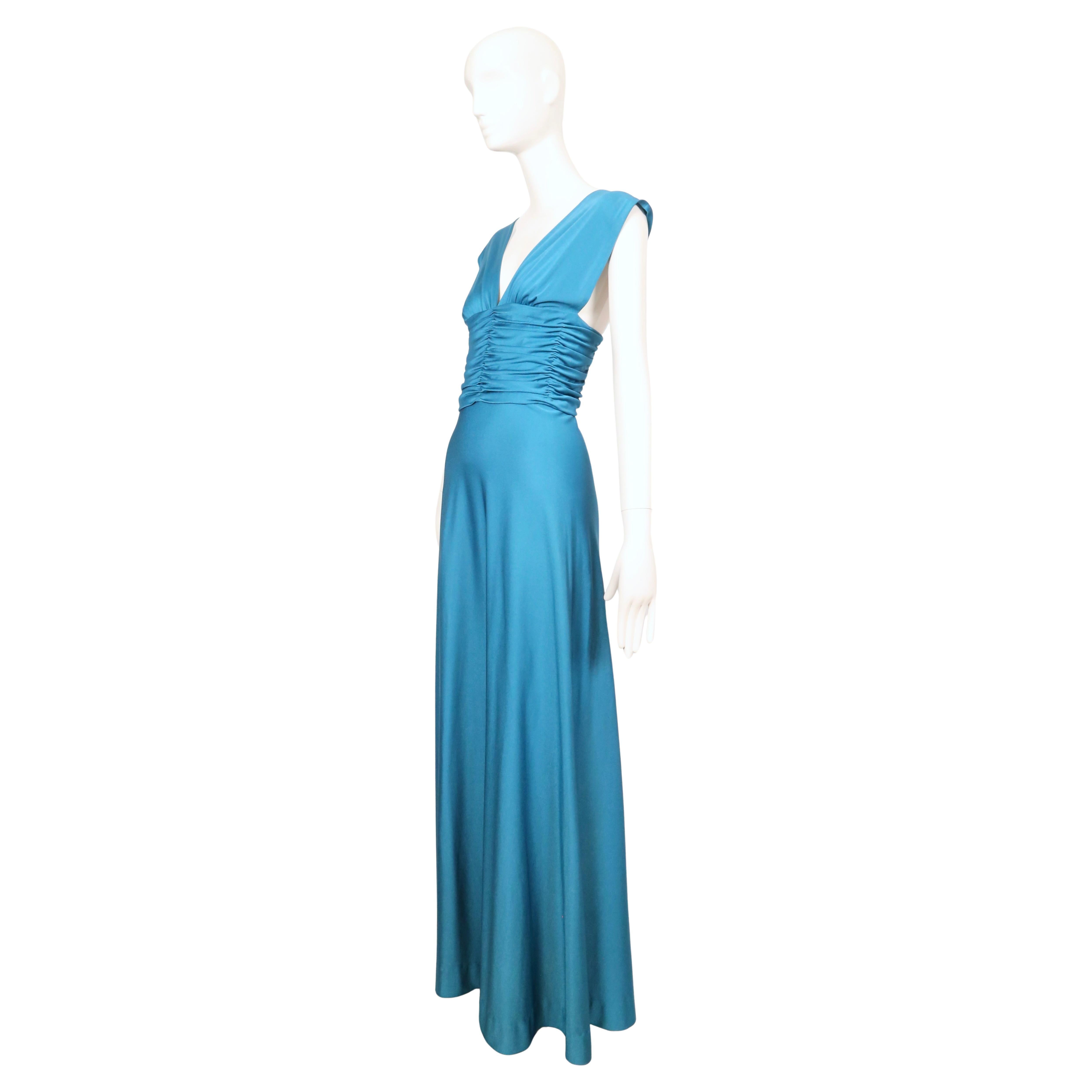 1970's LORIS AZZARO turquoise jersey dress with ruching 3