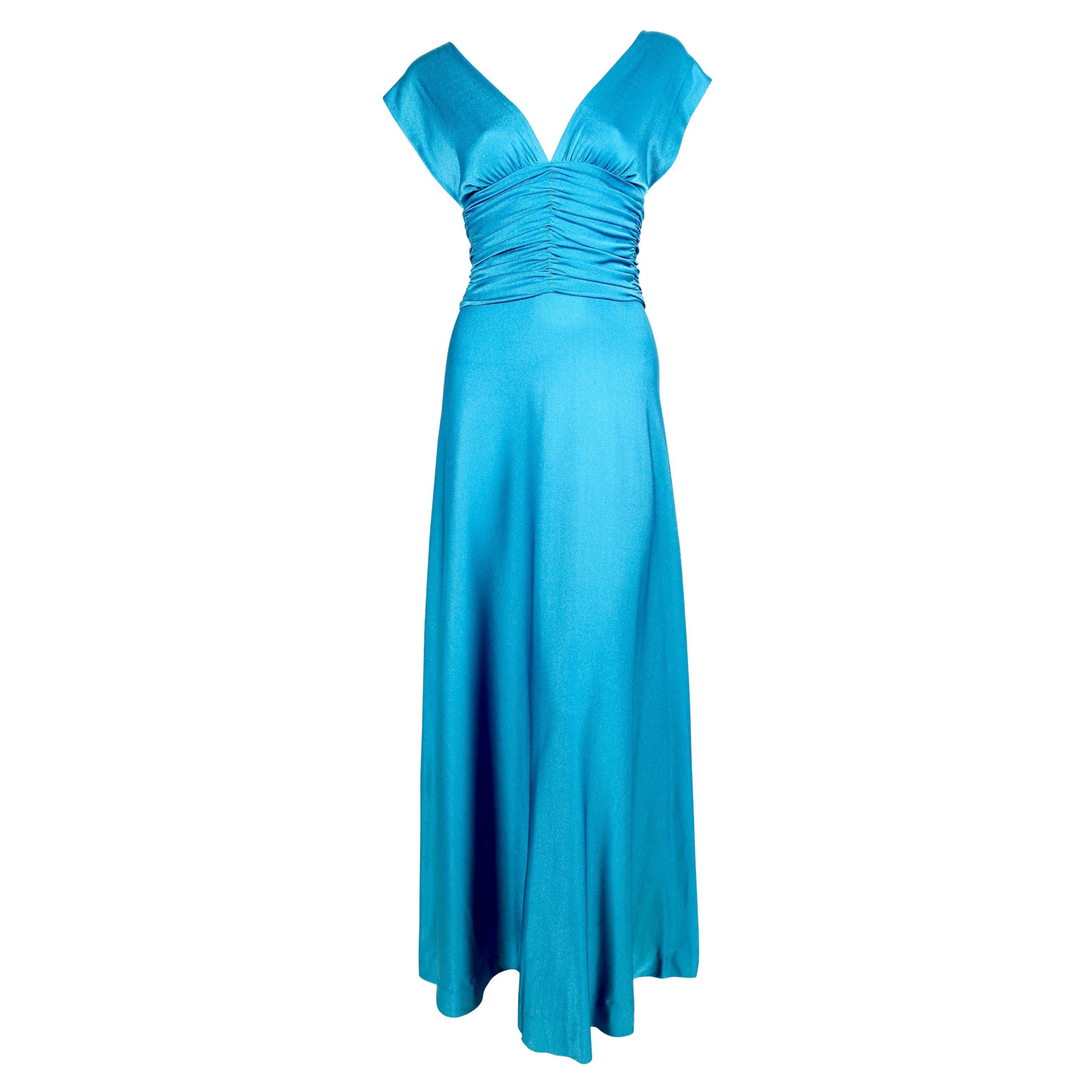 1970's LORIS AZZARO turquoise jersey dress with ruching