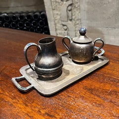 Los Castillo Modernist Silver Malachite Sugar Creamer Tray Set Mosaico Azteca