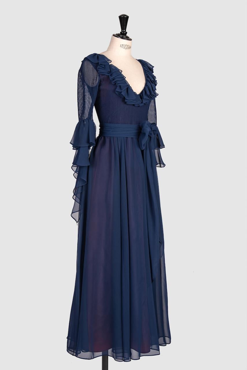Black 1970s LOUIS FERAUD Attributed Blue Ruby Lined Pleated Ruffled Chiffon Dress For Sale