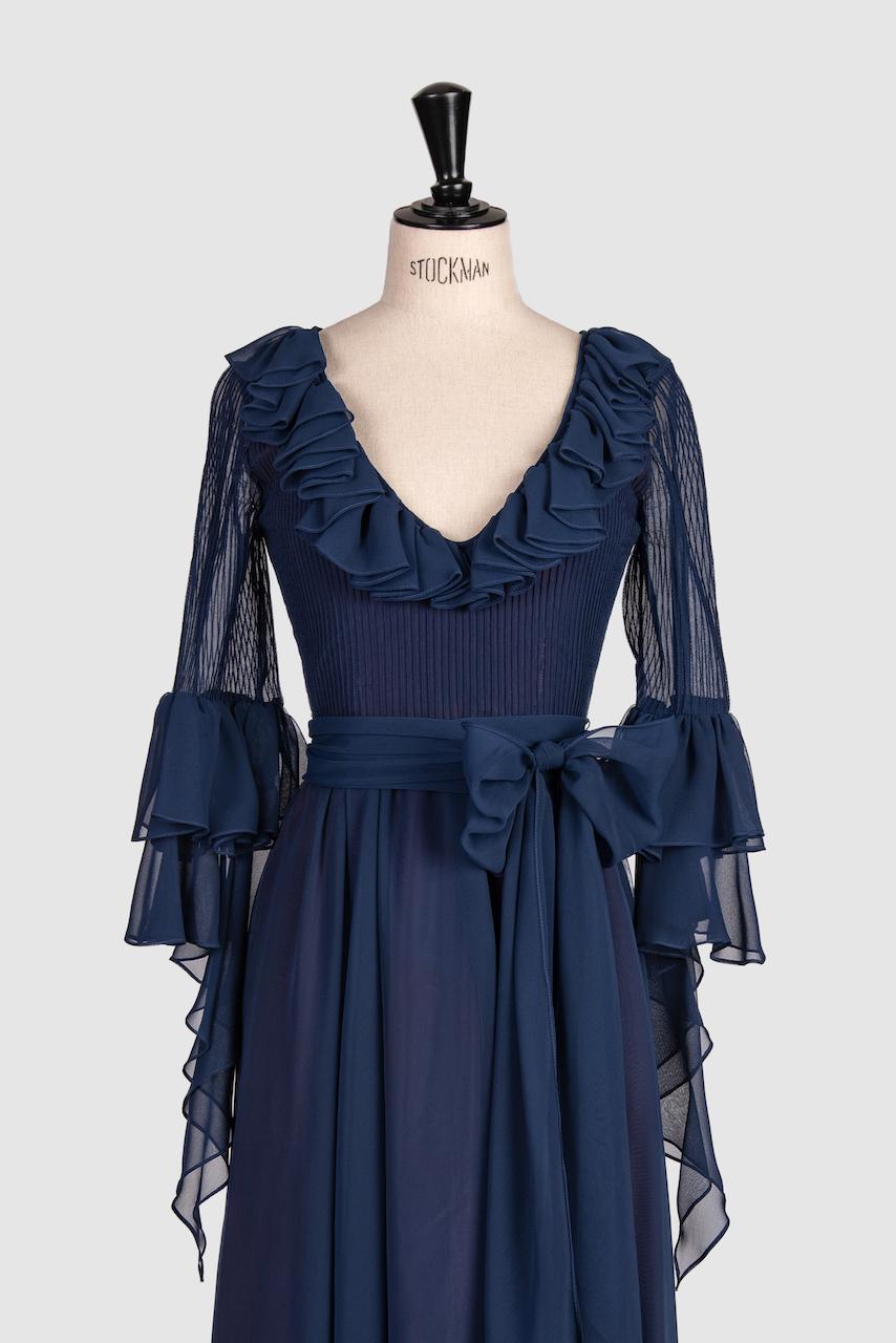 1970s LOUIS FERAUD Attributed Blue Ruby Lined Pleated Ruffled Chiffon Dress For Sale 1