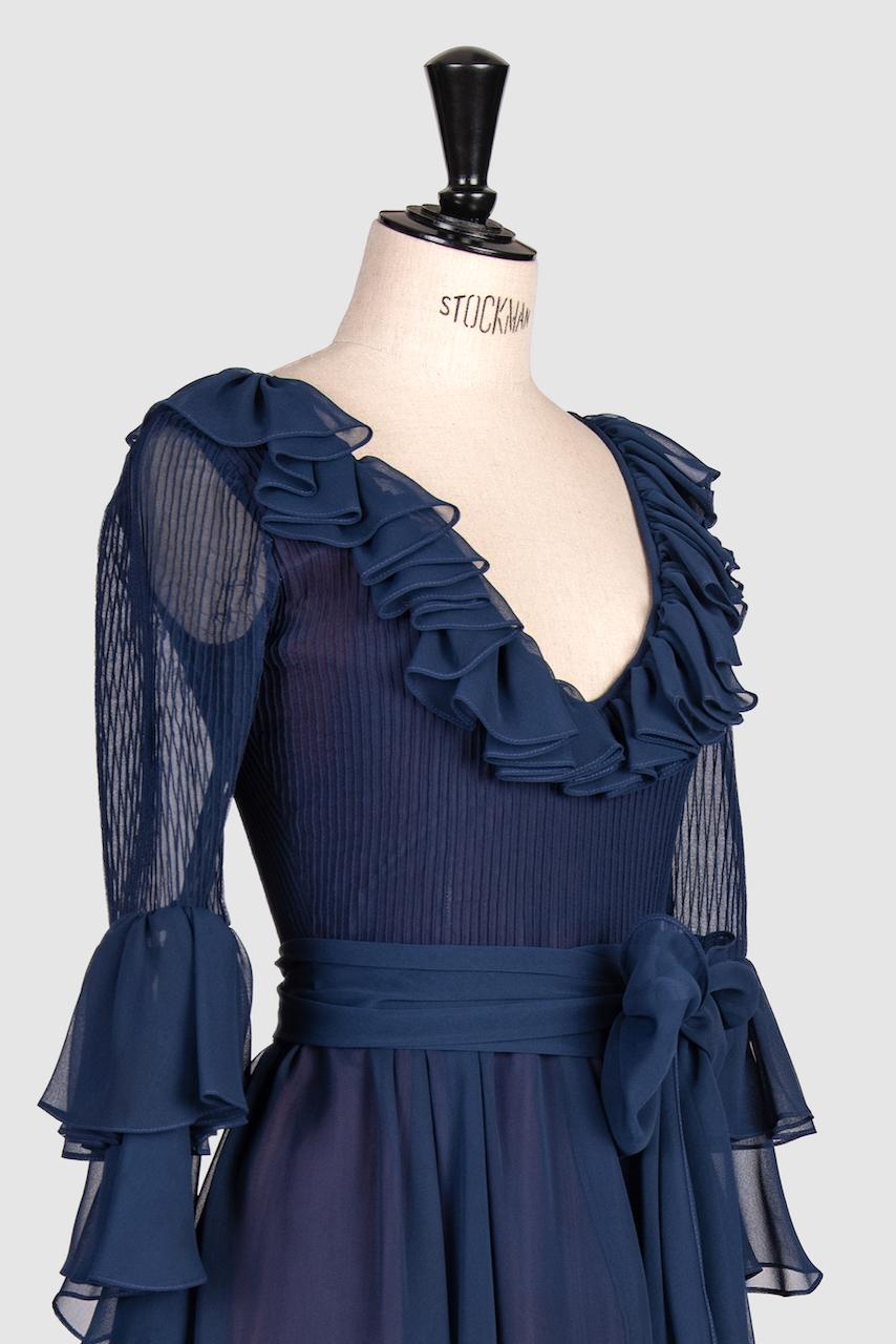 1970s LOUIS FERAUD Attributed Blue Ruby Lined Pleated Ruffled Chiffon Dress For Sale 2