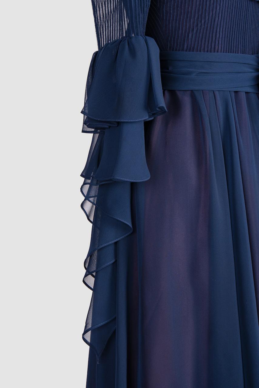 1970s LOUIS FERAUD Attributed Blue Ruby Lined Pleated Ruffled Chiffon Dress For Sale 3