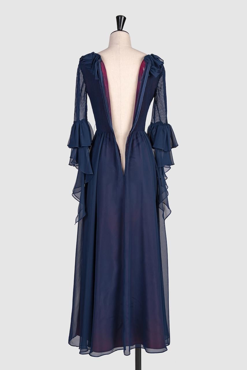1970s LOUIS FERAUD Attributed Blue Ruby Lined Pleated Ruffled Chiffon Dress For Sale 4