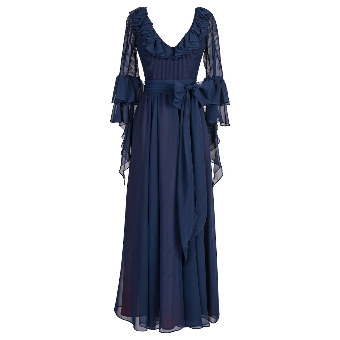 LOUIS FERAUD - Robe en mousseline de soie plissée et à volants, doublée de rubis bleu, attribuée aux années 1970