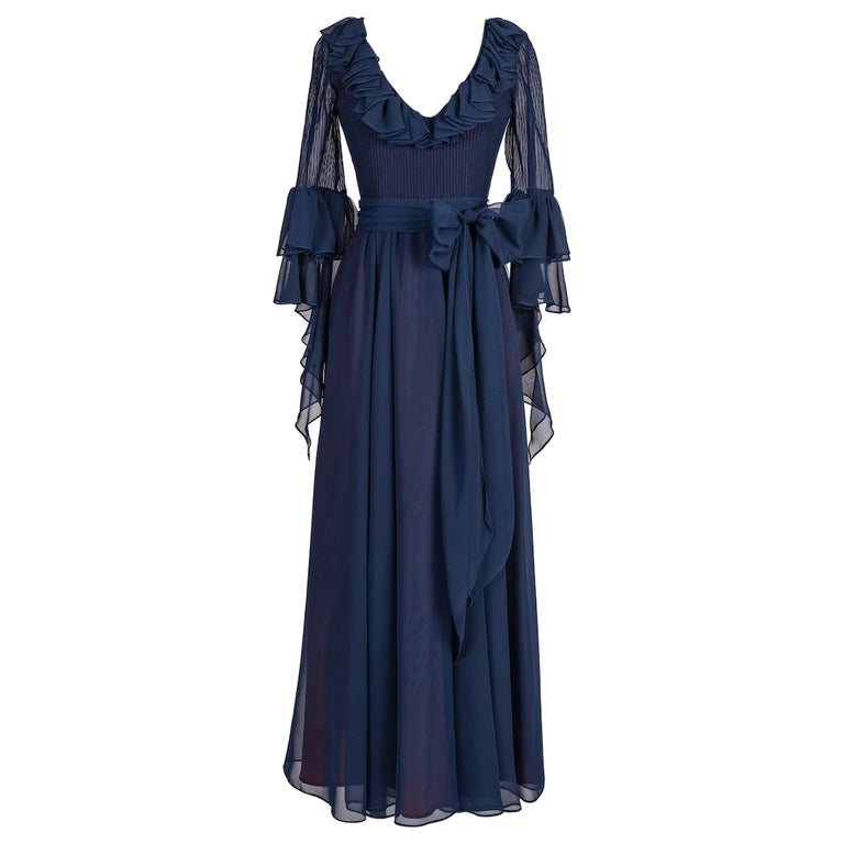 1970s Louis Feraud Attributed Blue Ruby Lined Pleated Ruffled Chiffon Dress