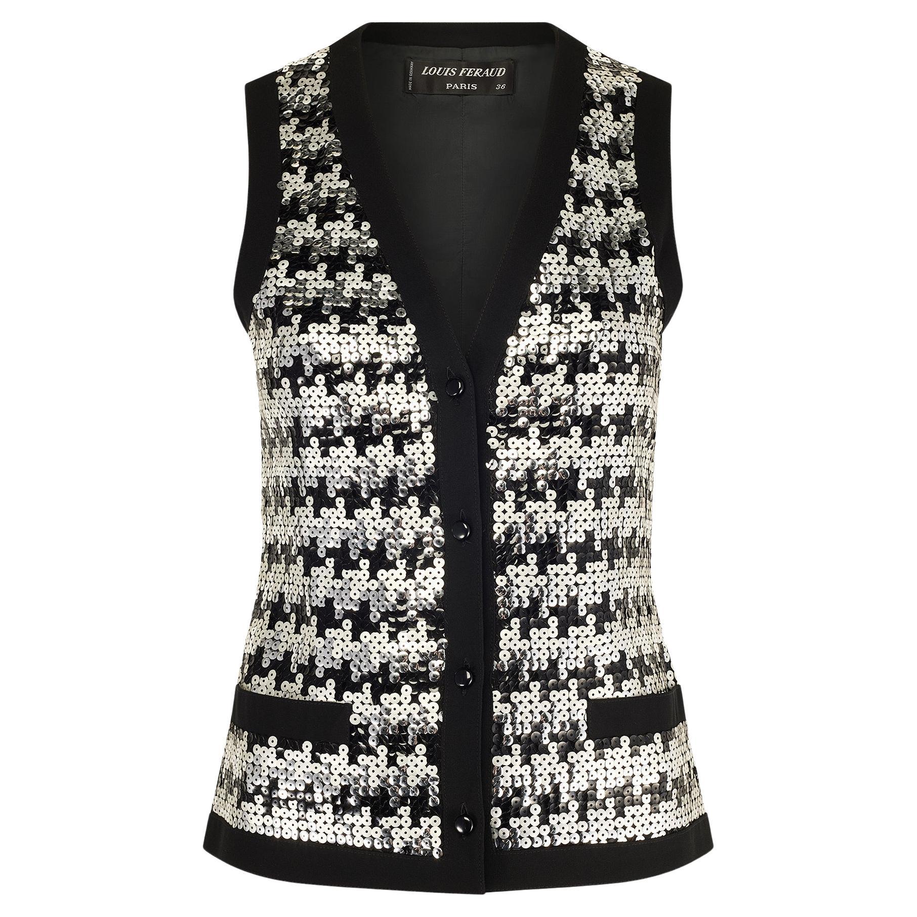 1970s Louis Feraud Black Silver Sequin Waistcoat en vente