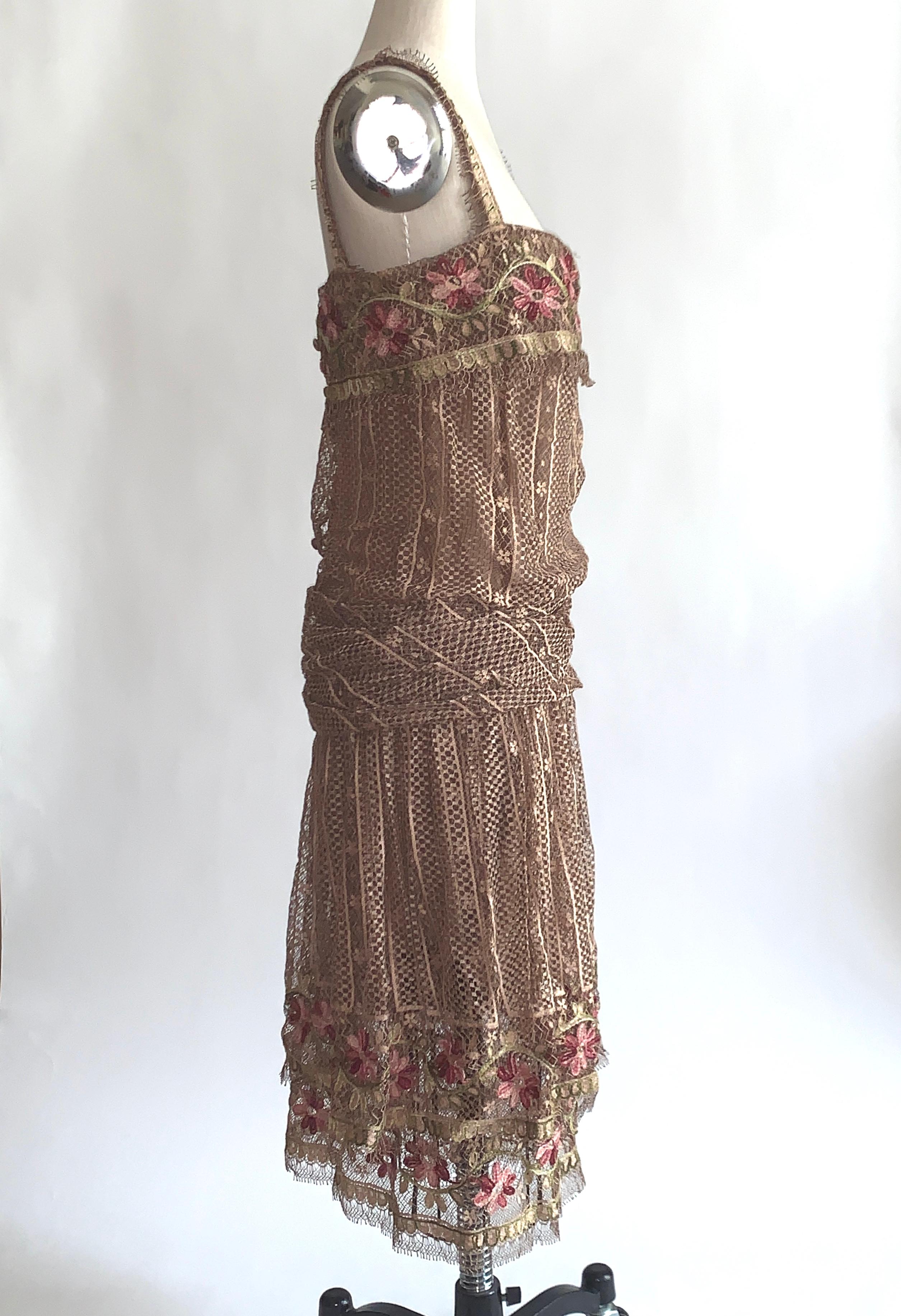 Brown 1970s Louis Feraud Couture Tan Lace Floral Embroidered Dress  For Sale