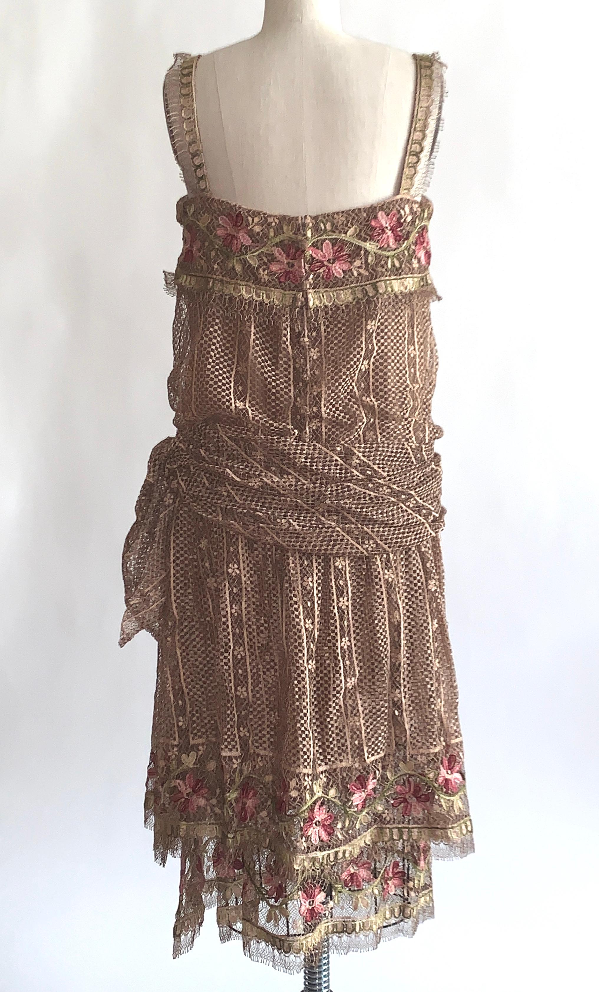 1970s Louis Feraud Couture Tan Lace Floral Embroidered Dress  In Excellent Condition For Sale In San Francisco, CA