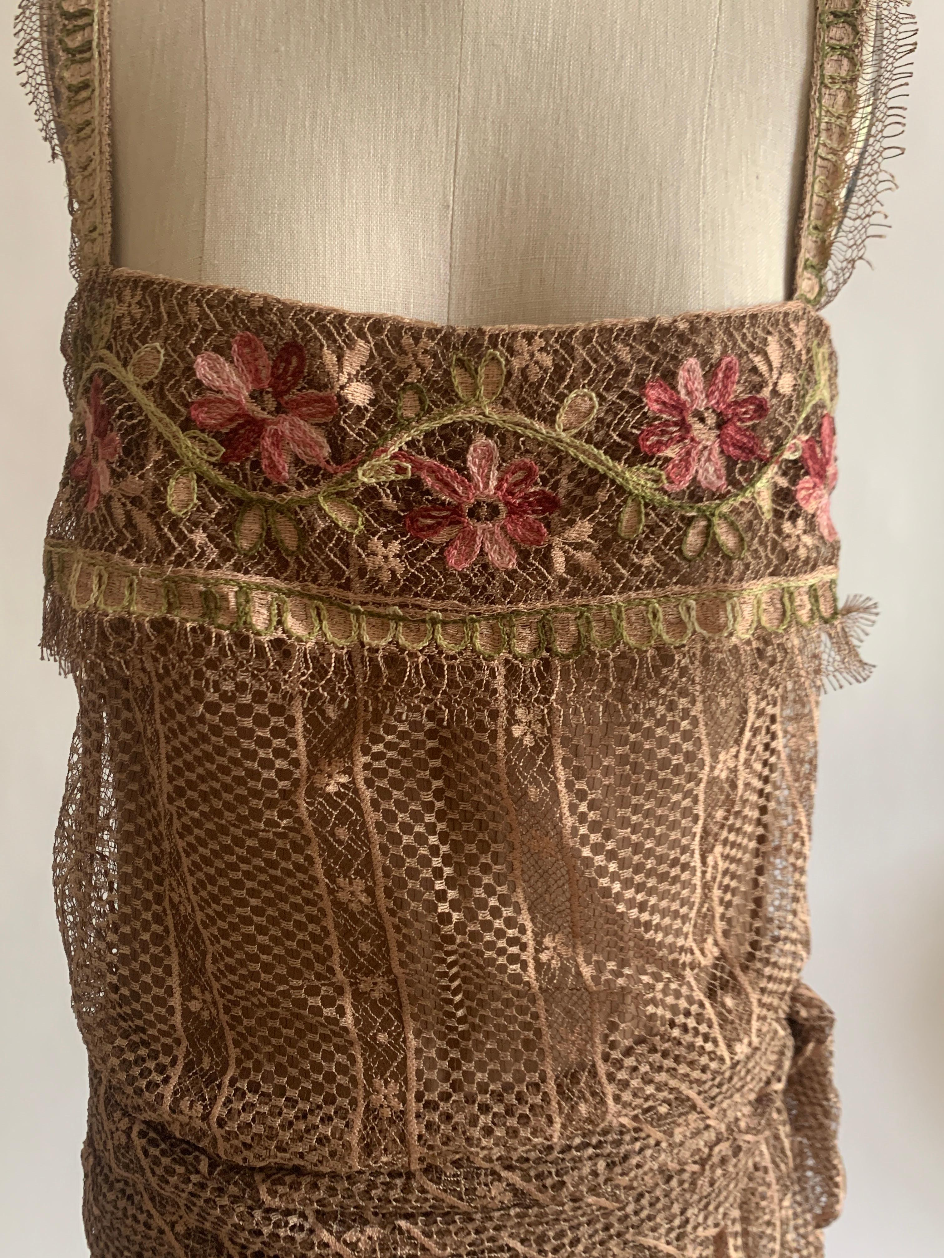 Women's 1970s Louis Feraud Couture Tan Lace Floral Embroidered Dress  For Sale