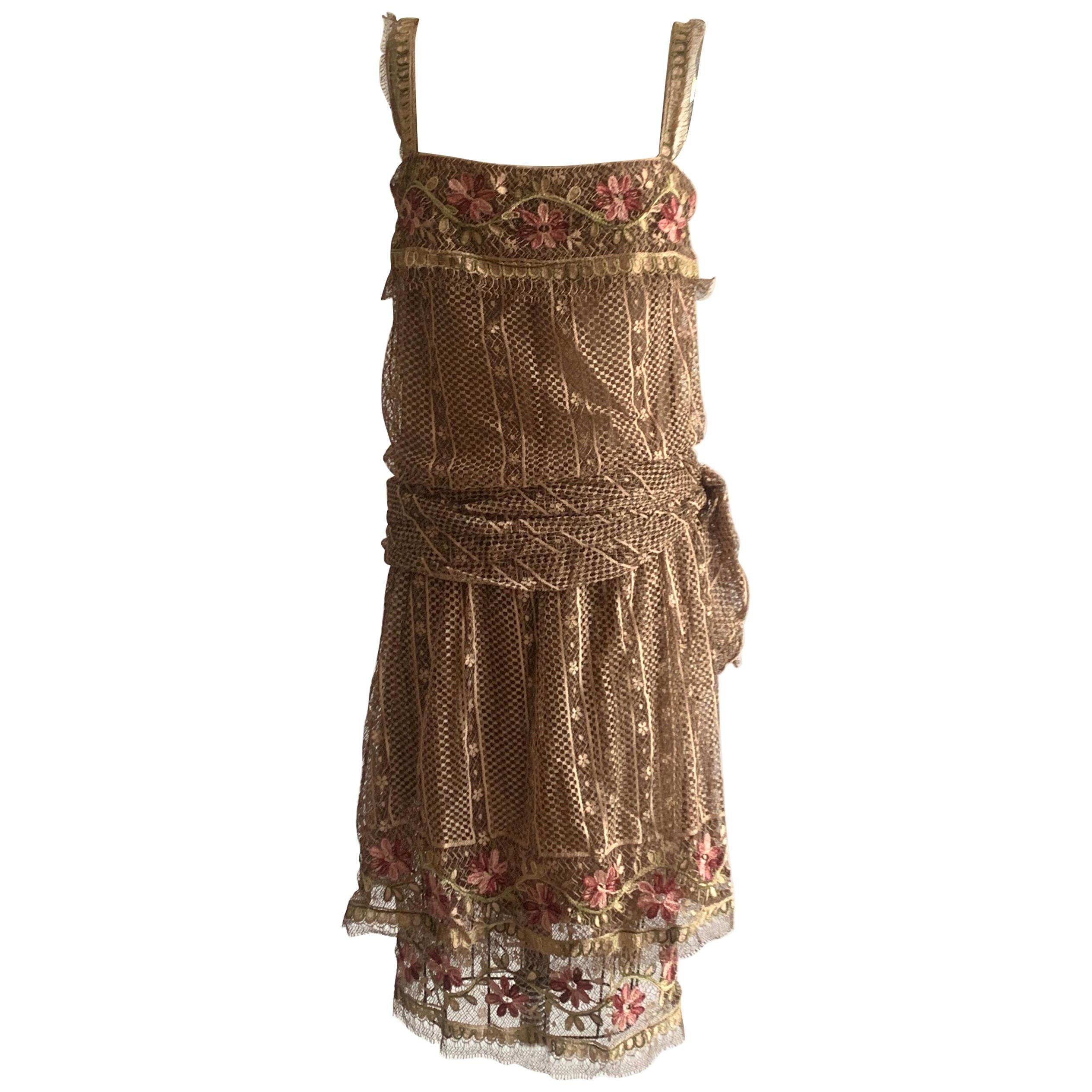 1970s Louis Feraud Couture Tan Lace Floral Embroidered Dress 