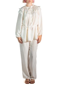 1970S Louis Feraud Cream Silk Jacquard Deadstock Ruffled Lounge Pajamas