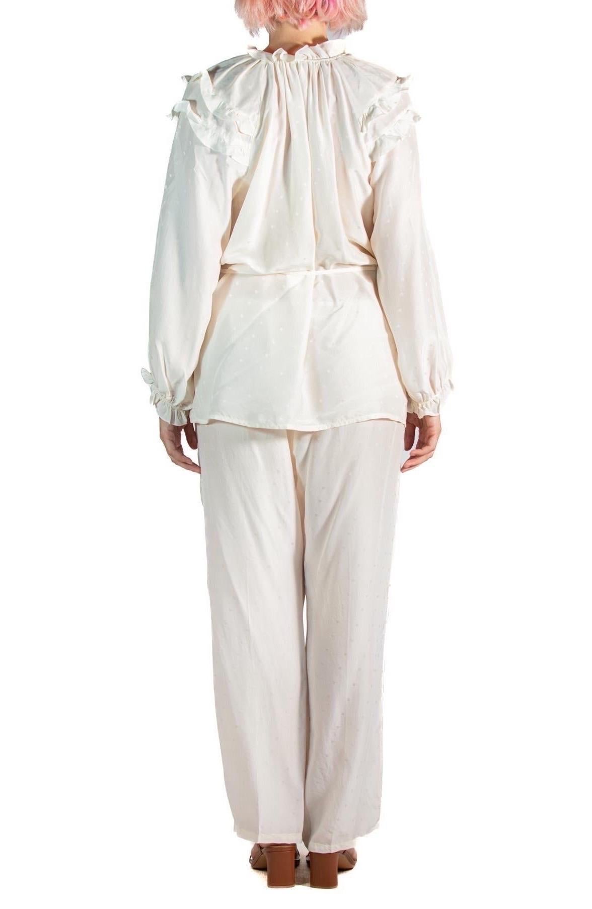 1970S Louis Feraud Cream Silk Jacquard Deadstock Ruffled Lounge Pajamas For Sale 2