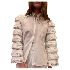1970s Louis Feraud Eyeleted Ruffle Sleeve Blouse