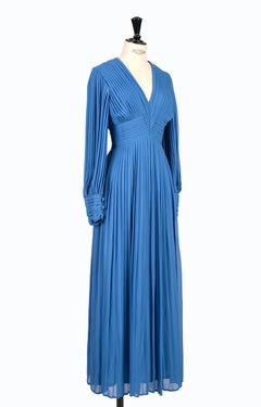 1970s LOUIS FERAUD Paris Cornflower Blue Pleated Chiffon Long Evening Dress