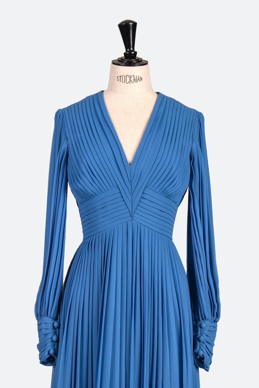 Women's 1970s LOUIS FERAUD Paris Cornflower Blue Pleated Chiffon Long Evening Dress