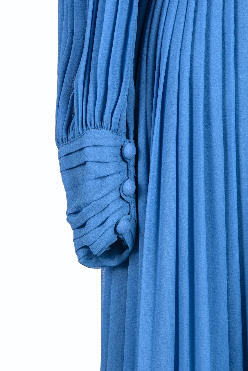 1970s LOUIS FERAUD Paris Cornflower Blue Pleated Chiffon Long Evening Dress 1