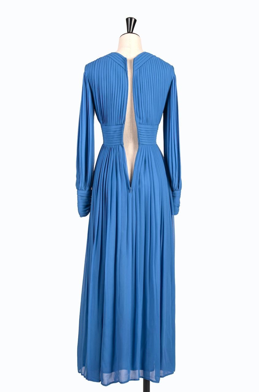 1970s LOUIS FERAUD Paris Cornflower Blue Pleated Chiffon Long Evening Dress 2