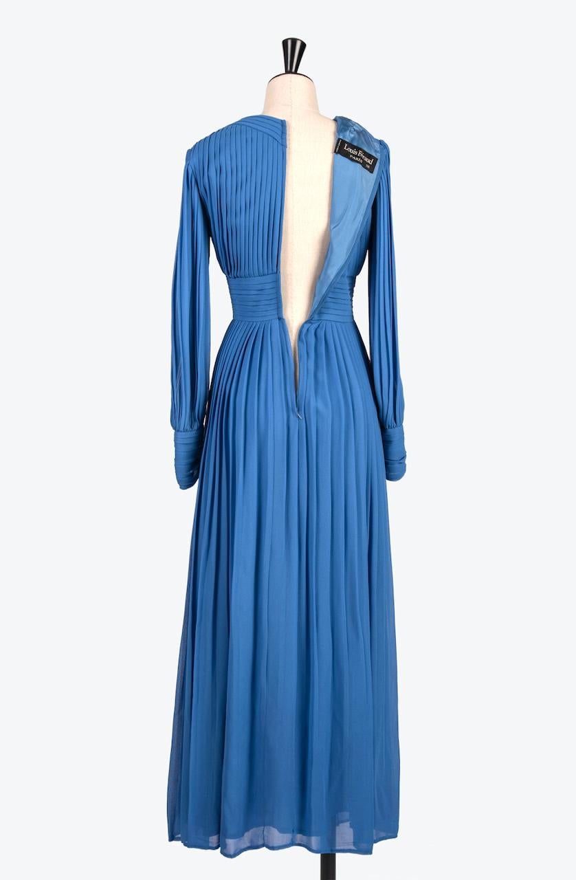 1970s LOUIS FERAUD Paris Cornflower Blue Pleated Chiffon Long Evening Dress 3