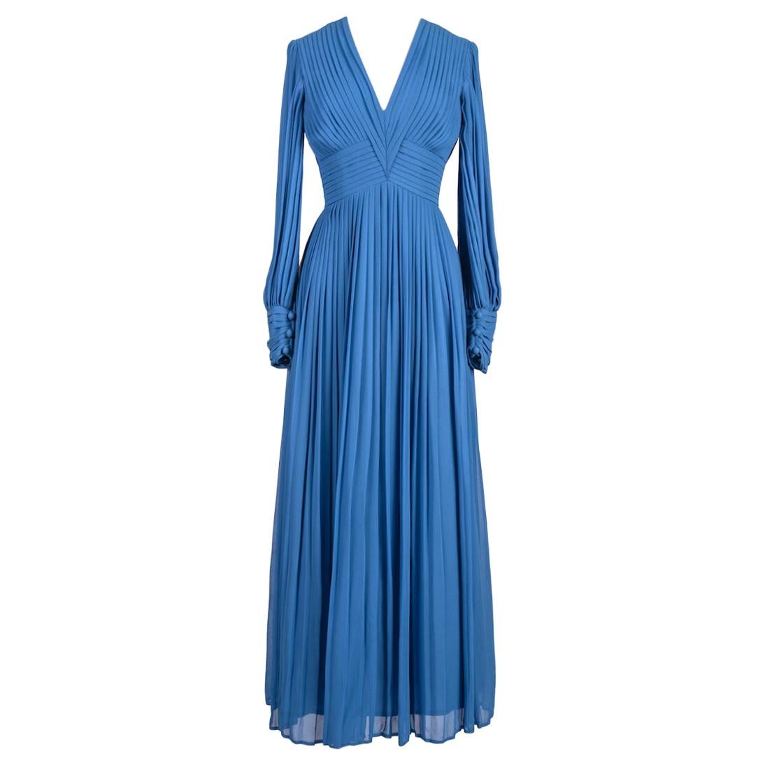 1970s LOUIS FERAUD Paris Cornflower Blue Pleated Chiffon Long Evening Dress