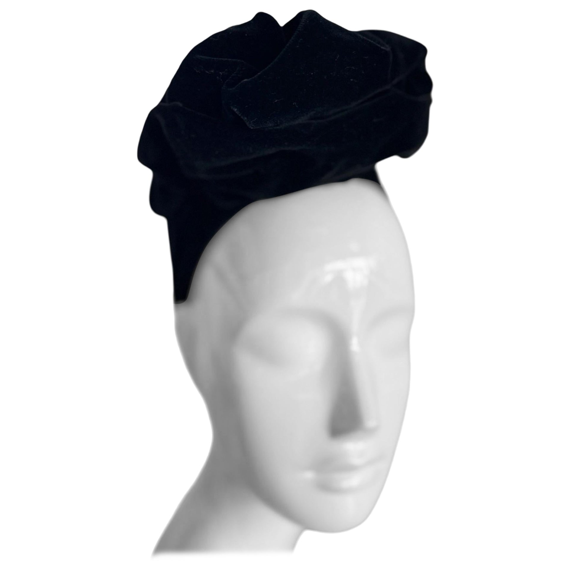 1970s Louis Feraud Velvet Turban Style Fascinator Hat