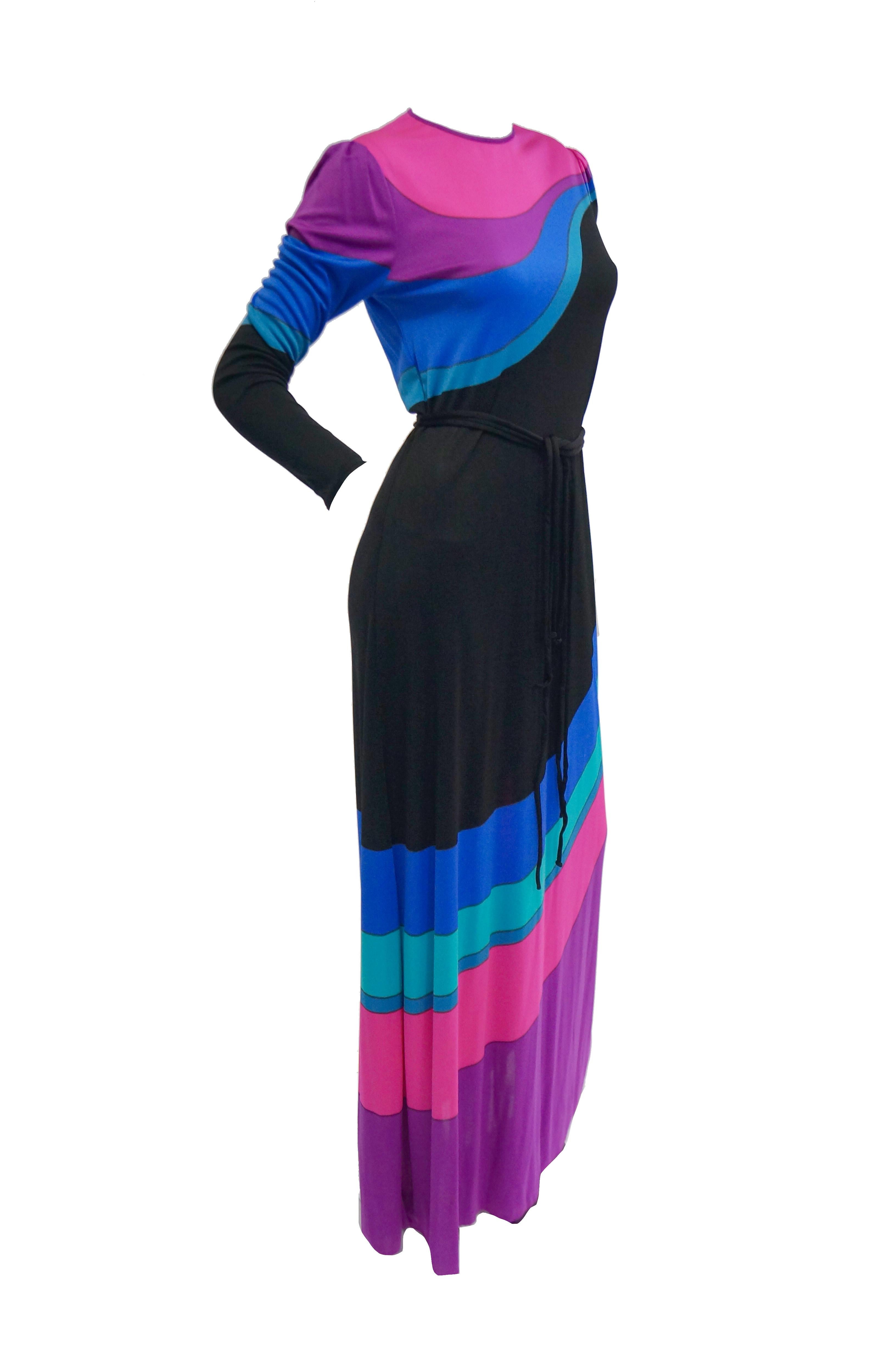  1970s Louis Feraud Vibrant Graphic Pink Blue and Black Swirl Knit Maxi Dress 4