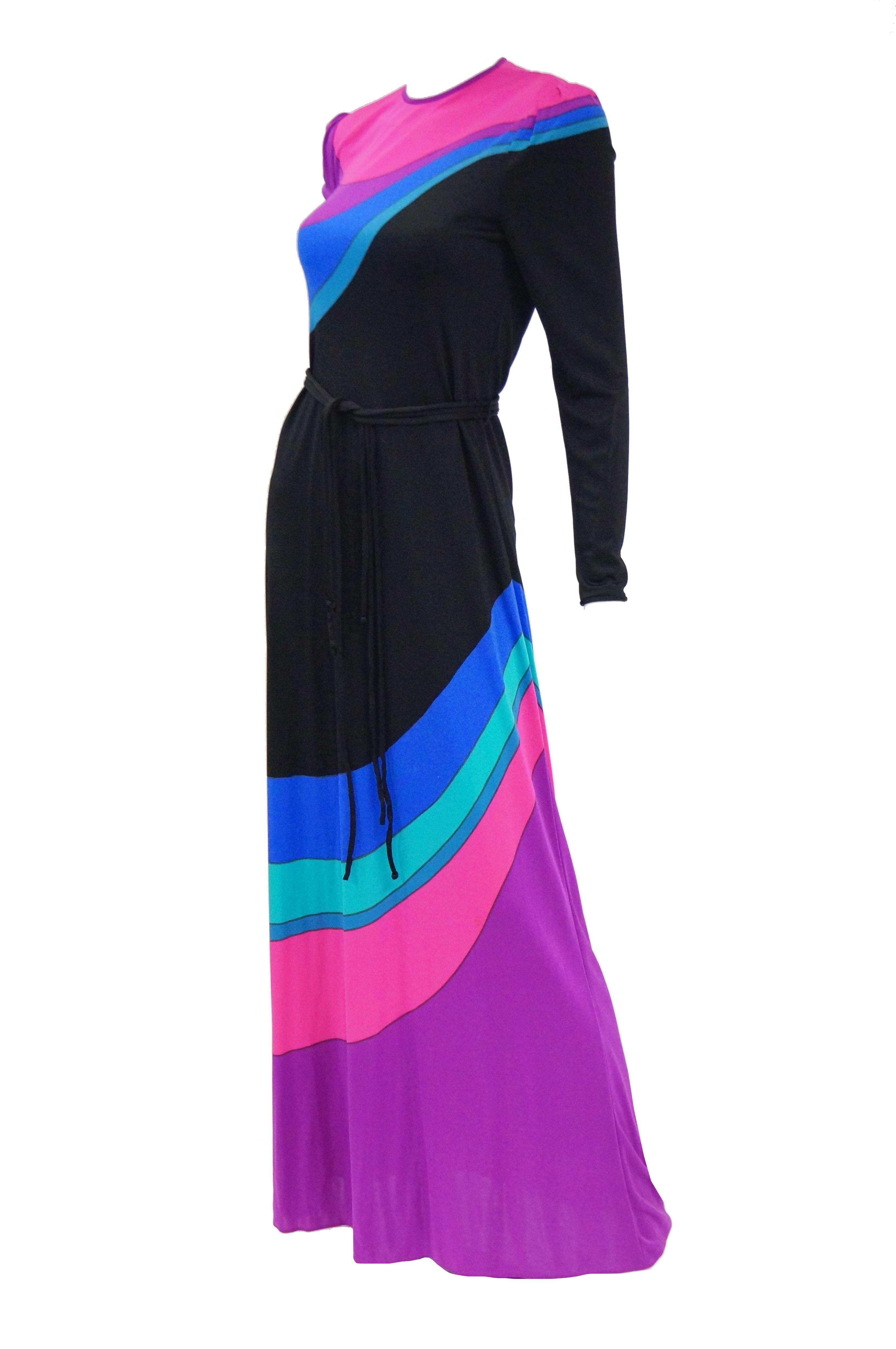  1970s Louis Feraud Vibrant Graphic Pink Blue and Black Swirl Knit Maxi Dress 5