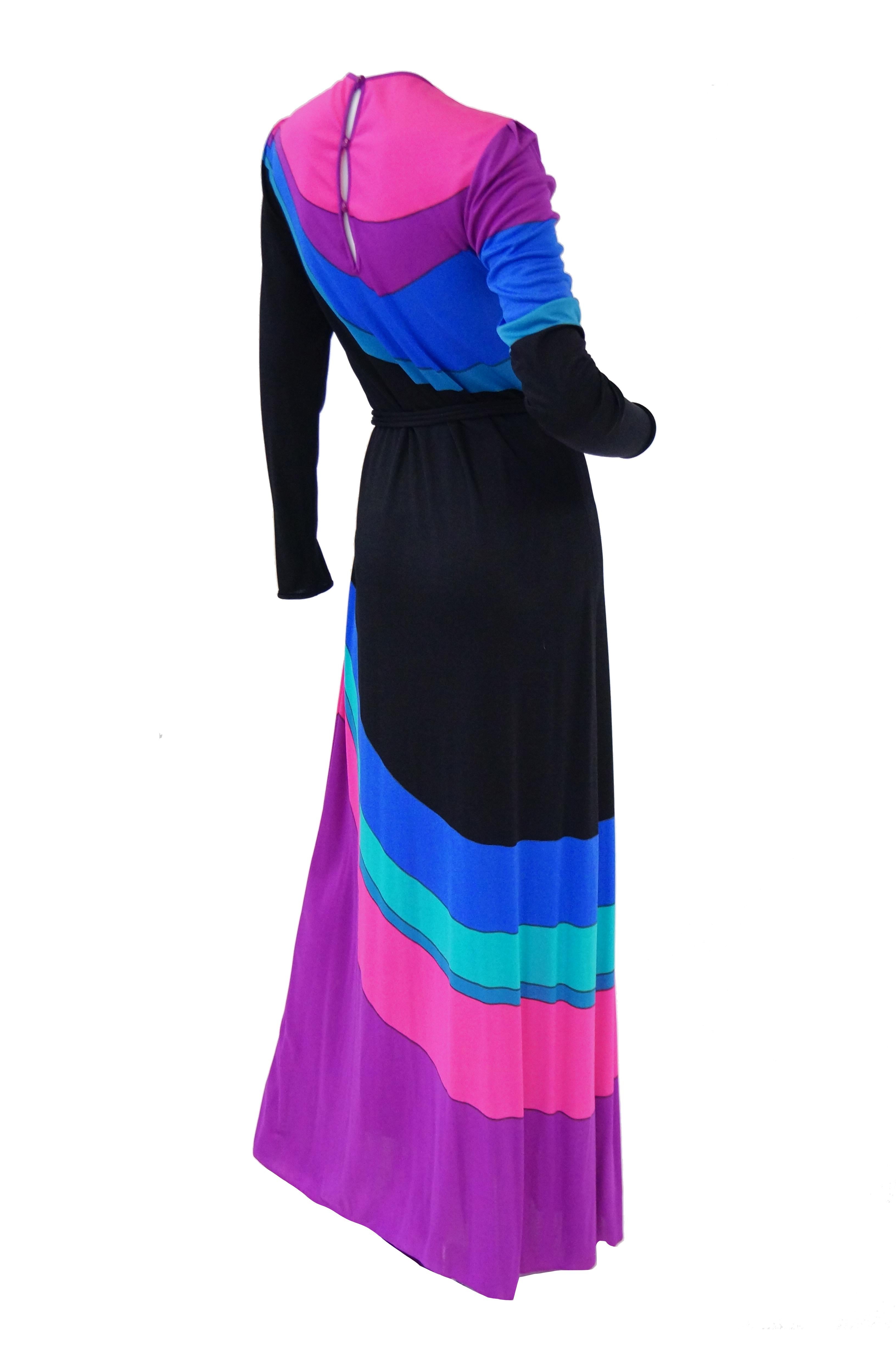 Purple  1970s Louis Feraud Vibrant Graphic Pink Blue and Black Swirl Knit Maxi Dress