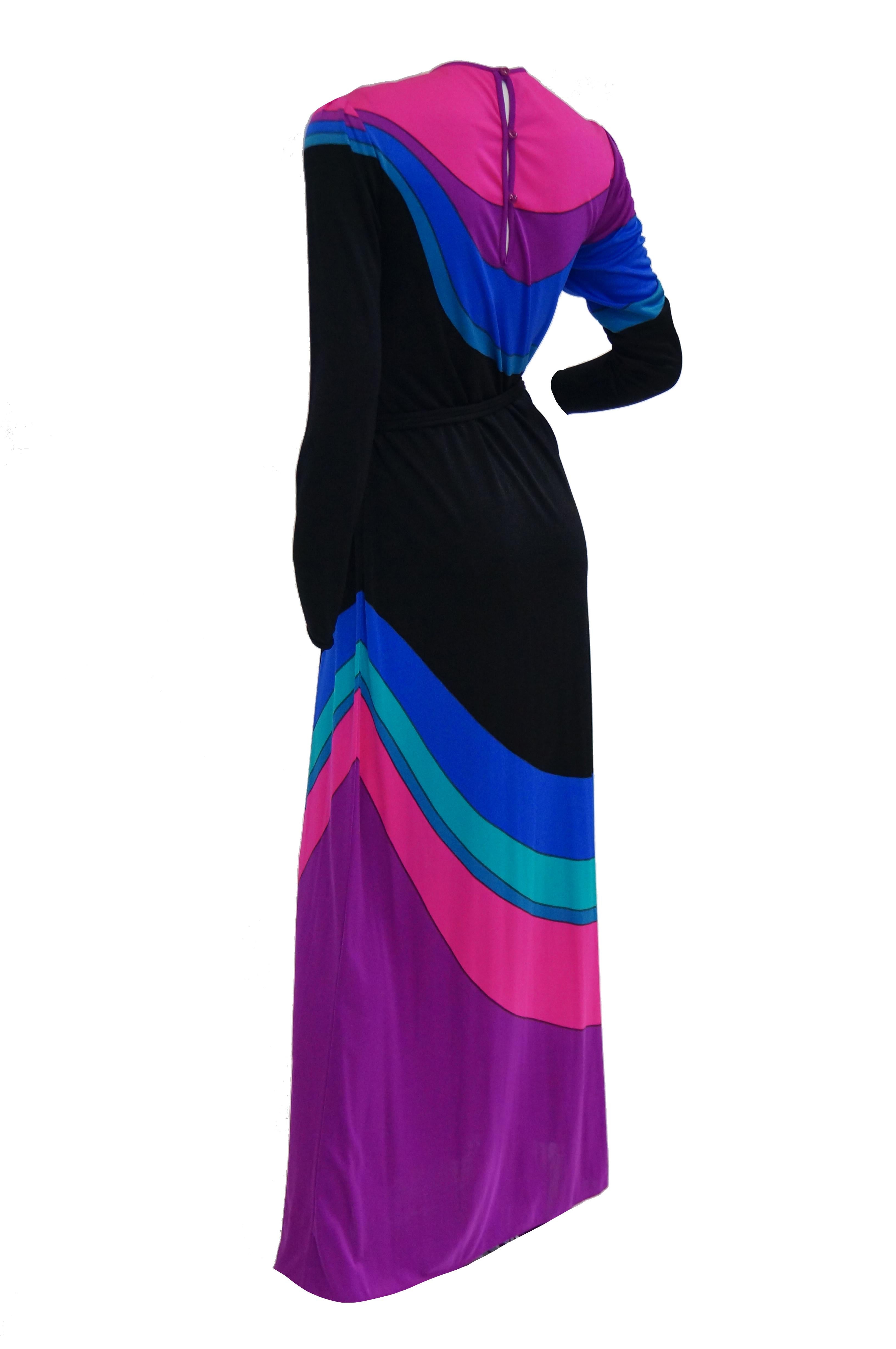 1970s Louis Feraud Vibrant Graphic Pink Blue and Black Swirl Knit Maxi Dress In Excellent Condition In Houston, TX