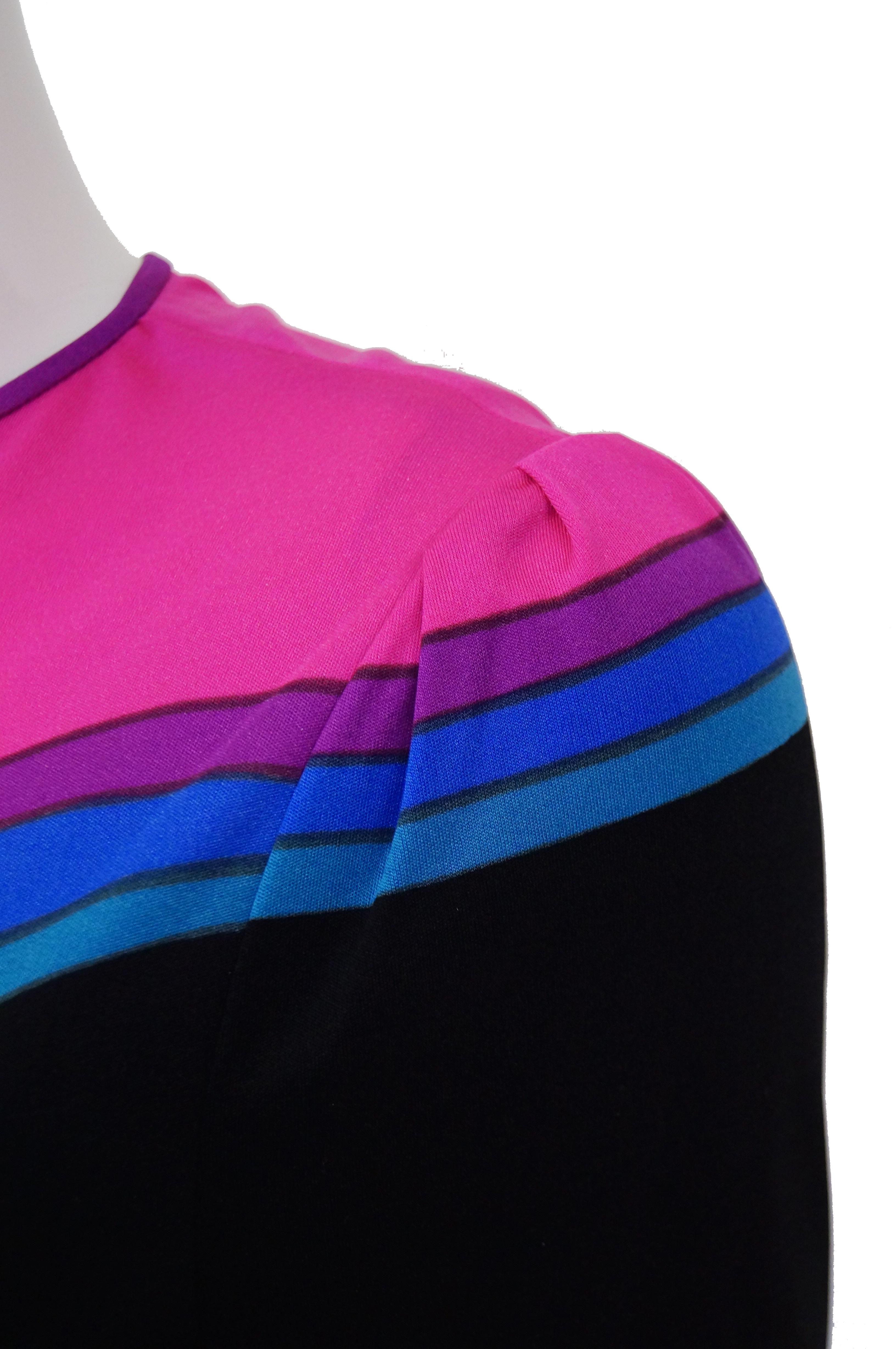  1970s Louis Feraud Vibrant Graphic Pink Blue and Black Swirl Knit Maxi Dress 2