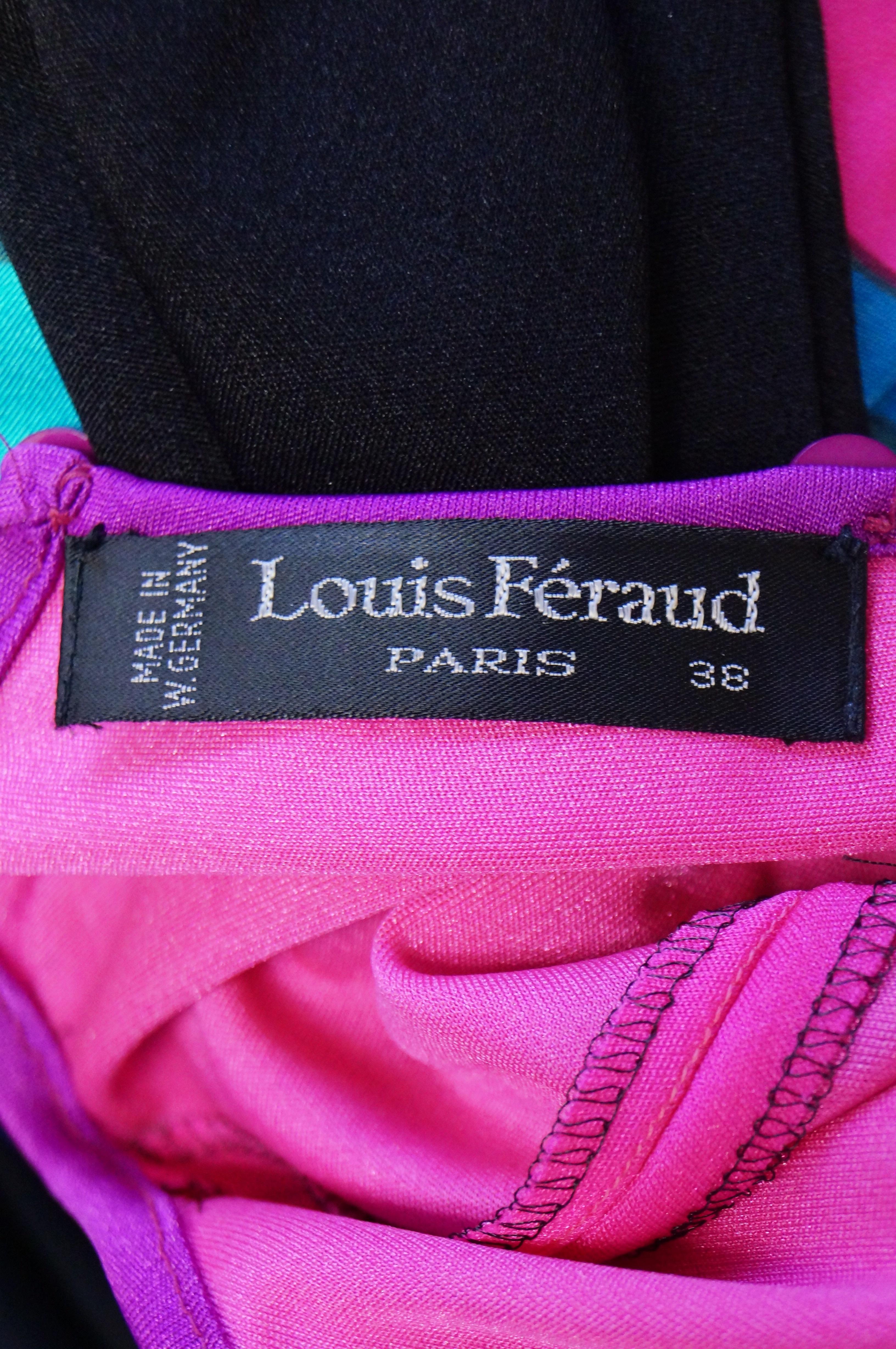  1970s Louis Feraud Vibrant Graphic Pink Blue and Black Swirl Knit Maxi Dress 3