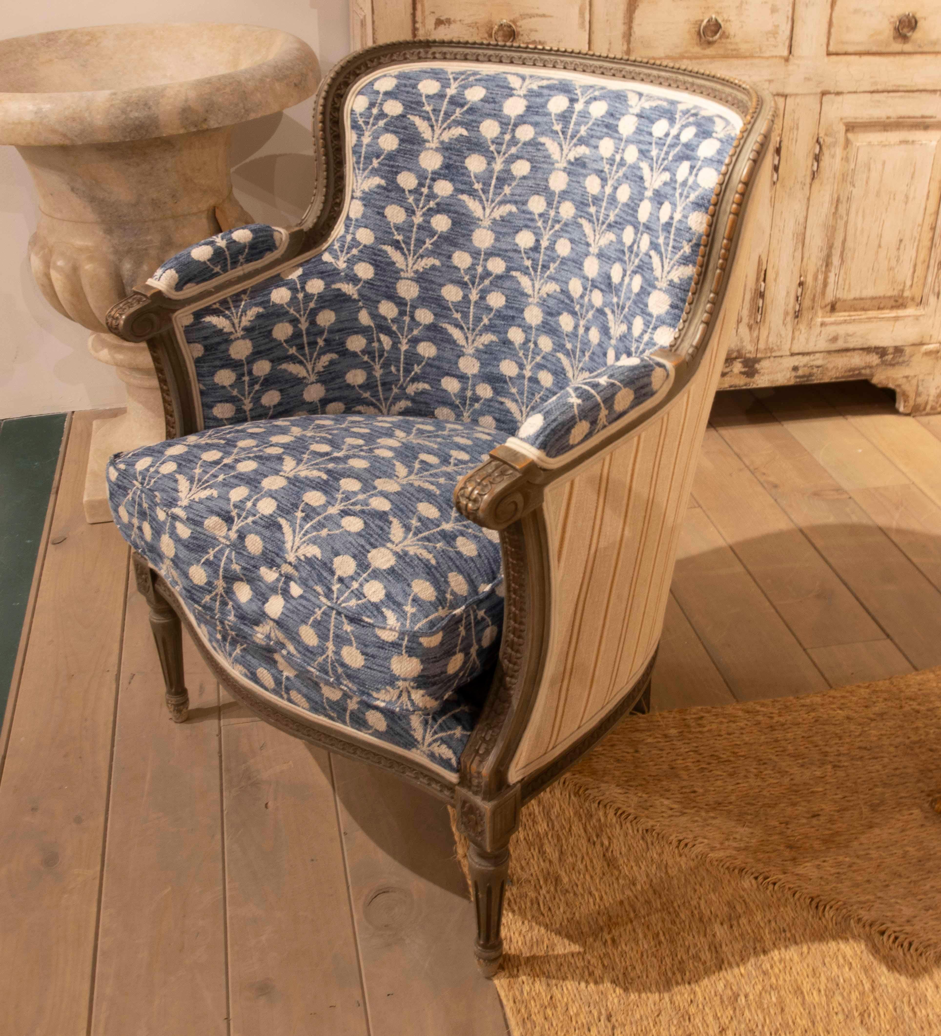20th Century 1970s Louis XVI Style Armchair with Indigo Blue Floral Upholstery For Sale