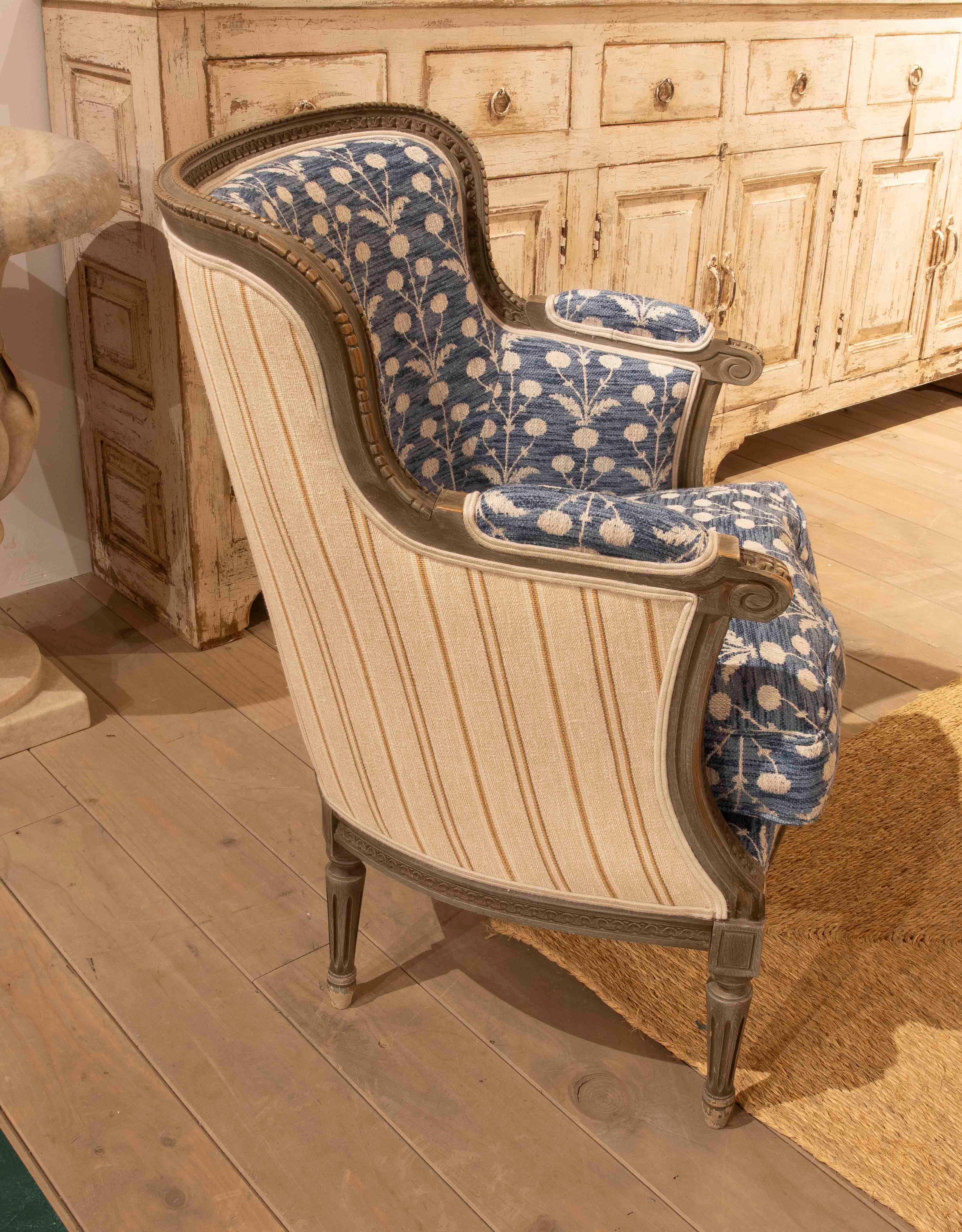 Fabric 1970s Louis XVI Style Armchair with Indigo Blue Floral Upholstery For Sale