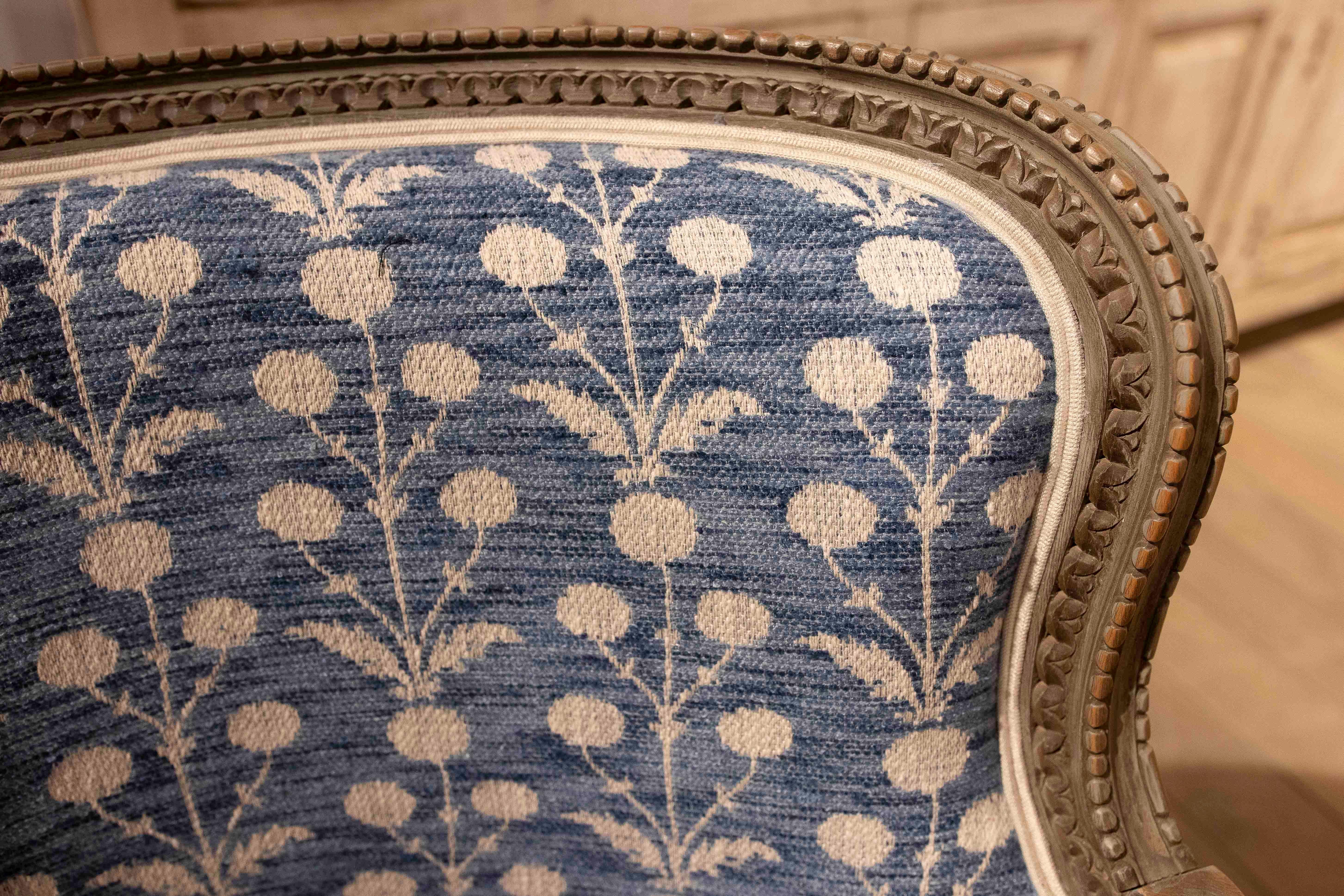 1970s Louis XVI Style Armchair with Indigo Blue Floral Upholstery For Sale 3