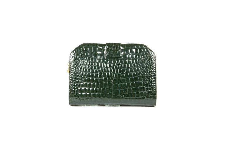 1970s Louise Fontaine Green Crocodile Clutch / Shoulder Bag For