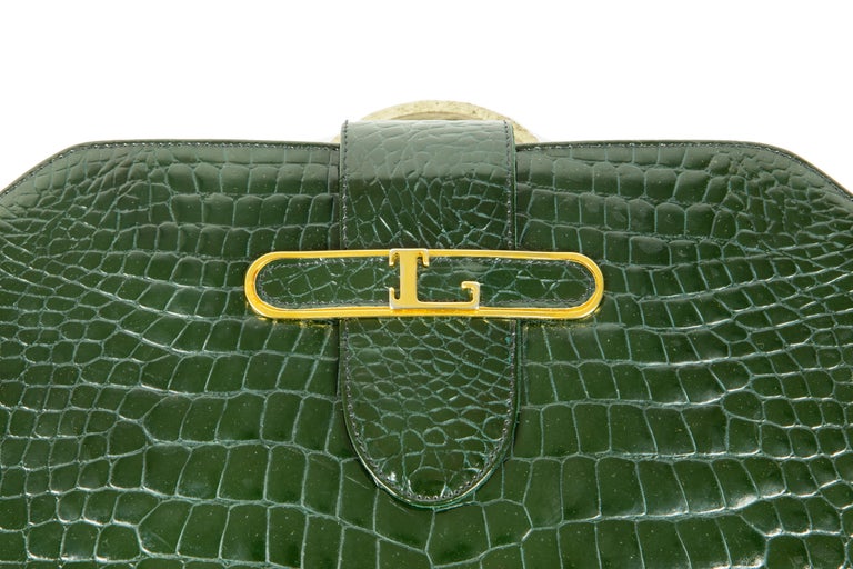 1970s Louise Fontaine Green Crocodile Clutch / Shoulder Bag