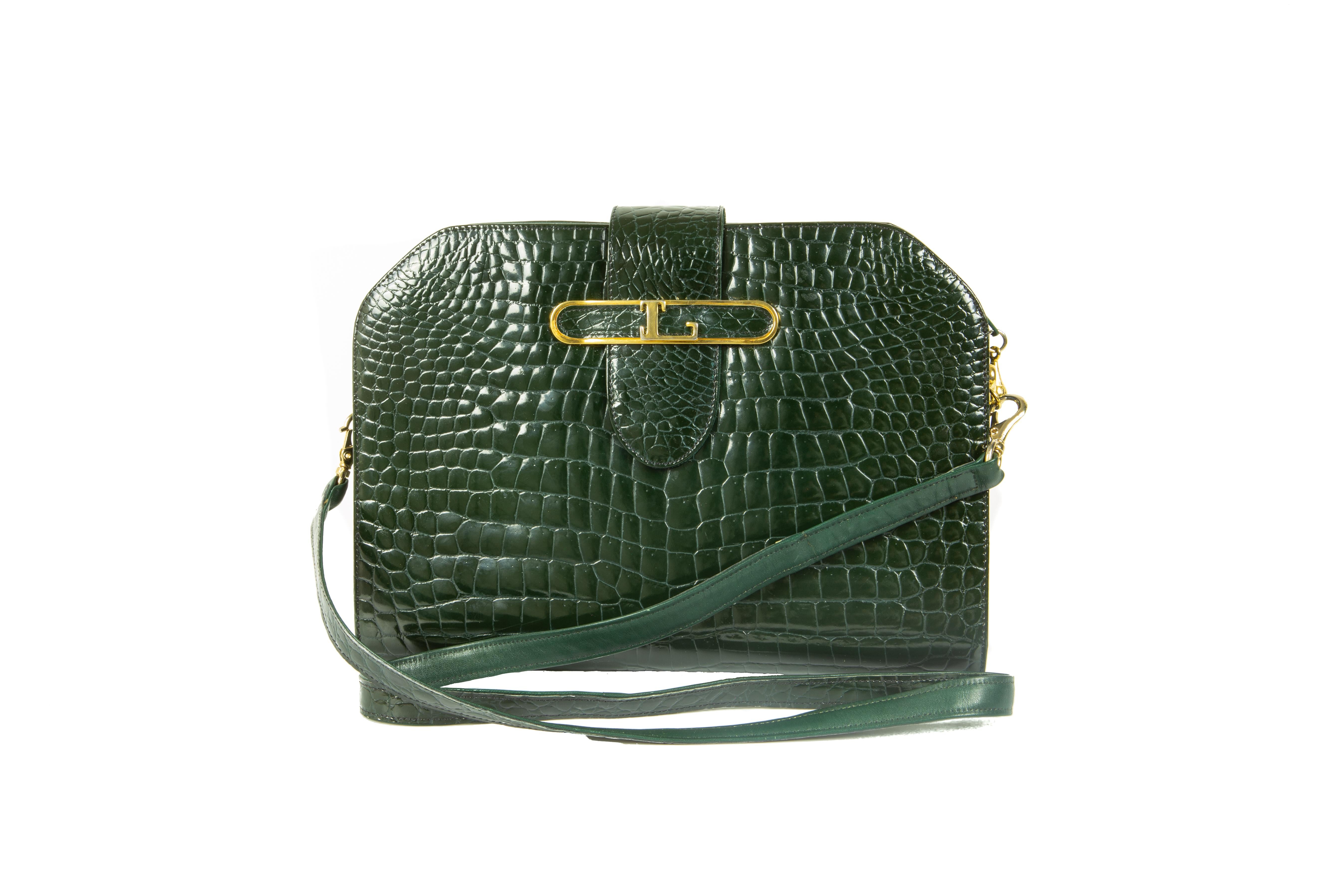 1970s Louise Fontaine Green Crocodile Clutch / Shoulder Bag In Good Condition For Sale In London, GB