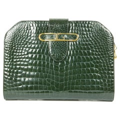 1970s Louise Fontaine Green Crocodile Clutch / Shoulder Bag