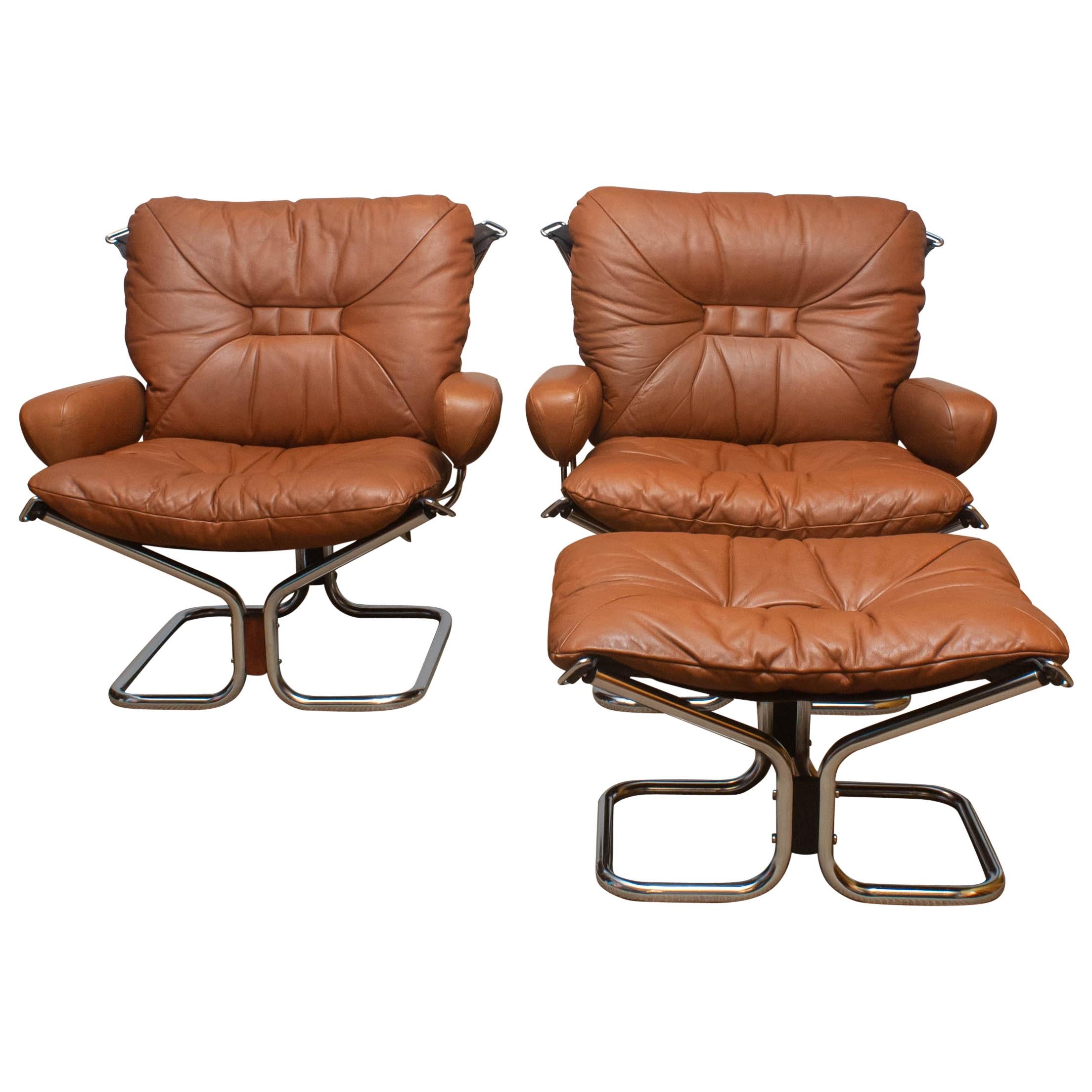 Norwegian 1970s Lounge Set Cognac Leather and Steel by Harald Relling for Westnofa, Norway