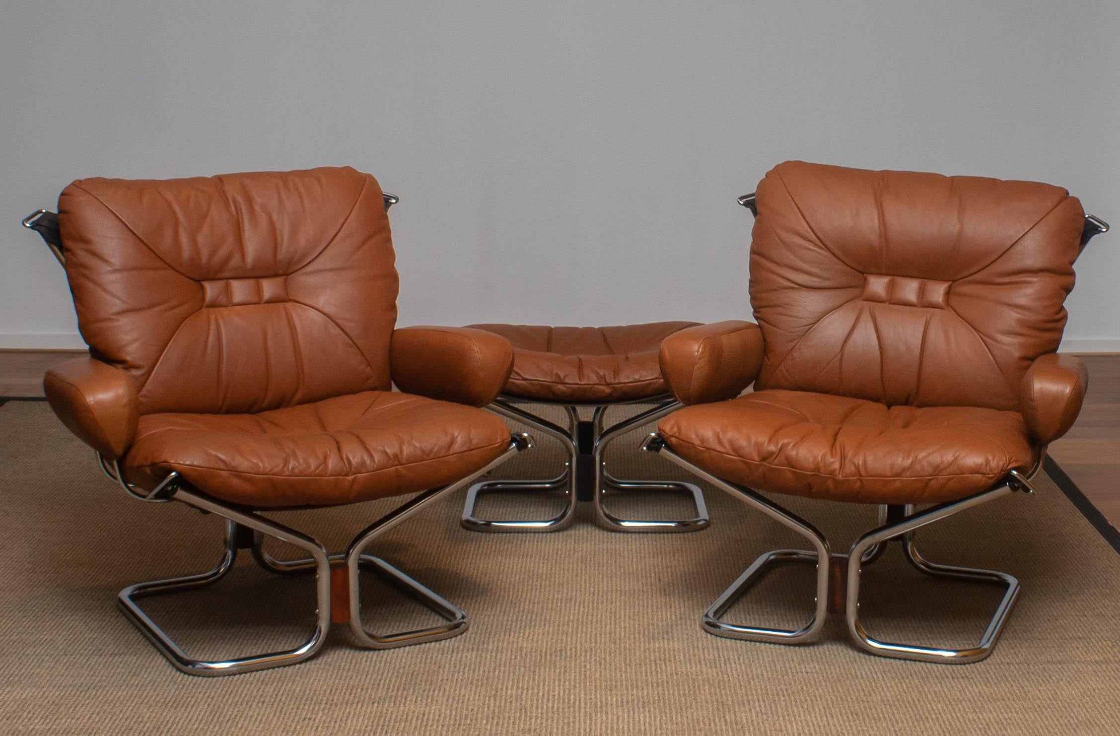 1970s Lounge Set Cognac Leather and Steel by Harald Relling for Westnofa, Norway 1