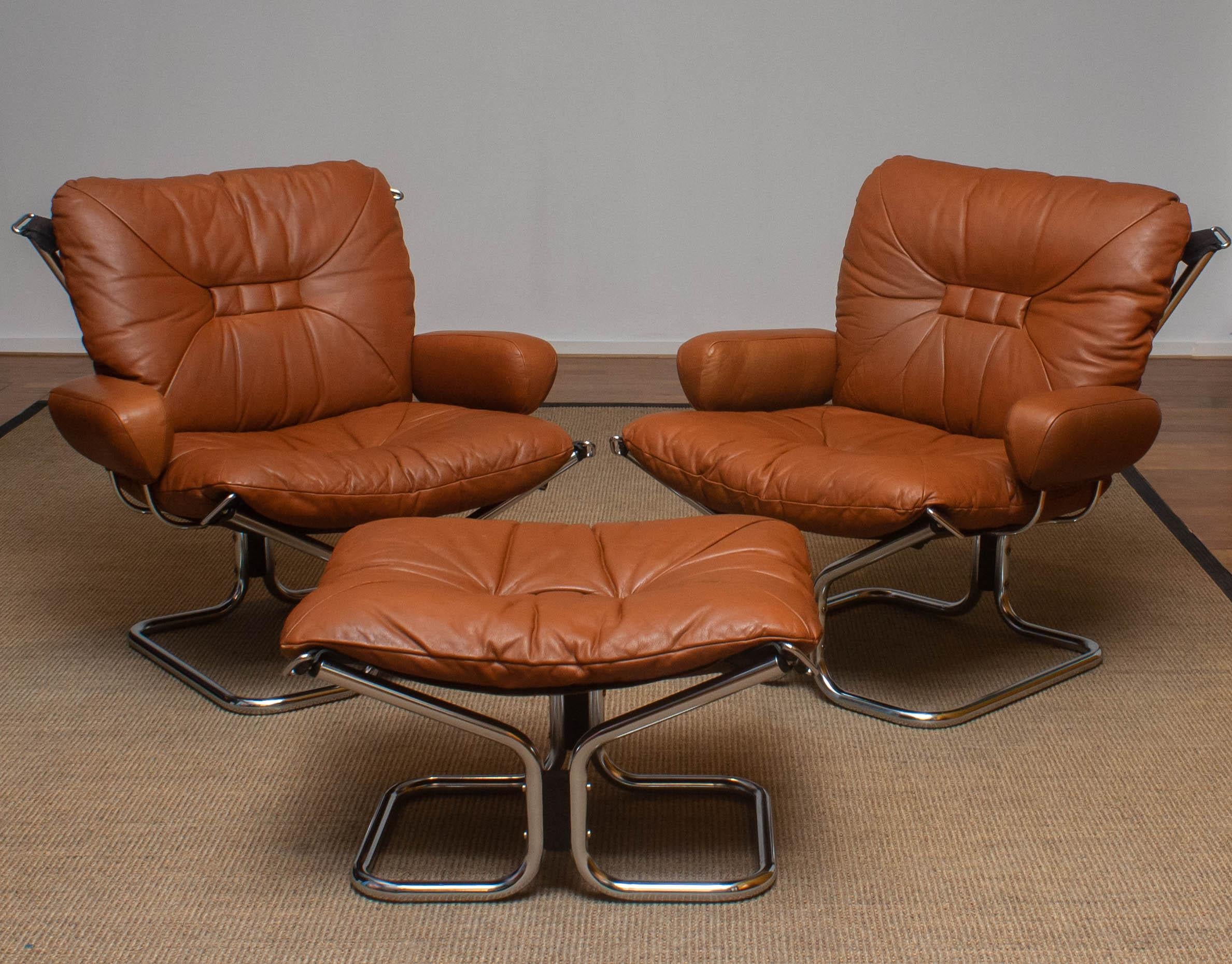 1970s Lounge Set Cognac Leather and Steel by Harald Relling for Westnofa, Norway 1