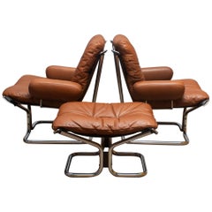 1970s Lounge Set Cognac Leather and Steel by Harald Relling for Westnofa, Norway