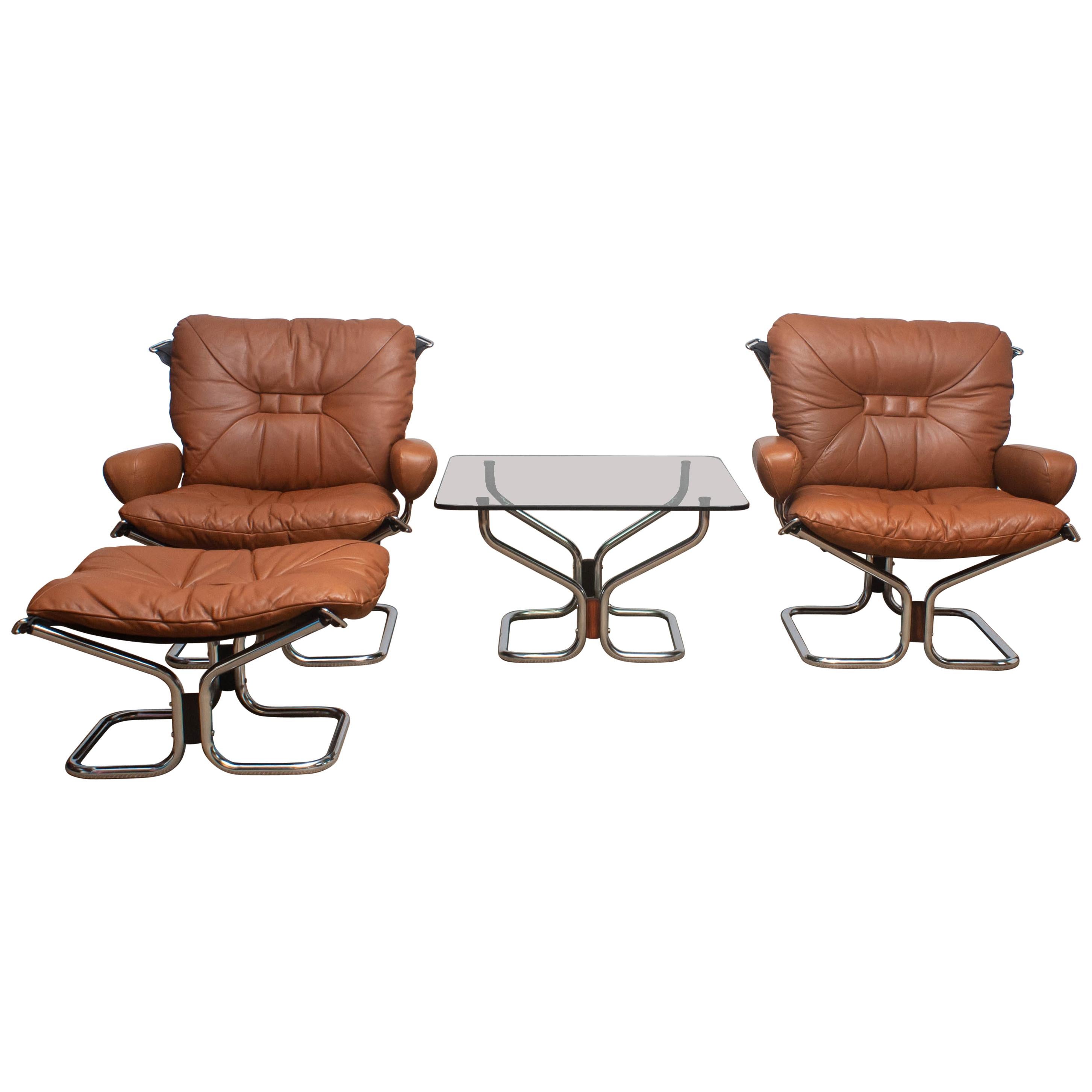 Norwegian 1970s, Lounge Set Wing in Leather or Steel by Harald Relling for Westnofa Norway