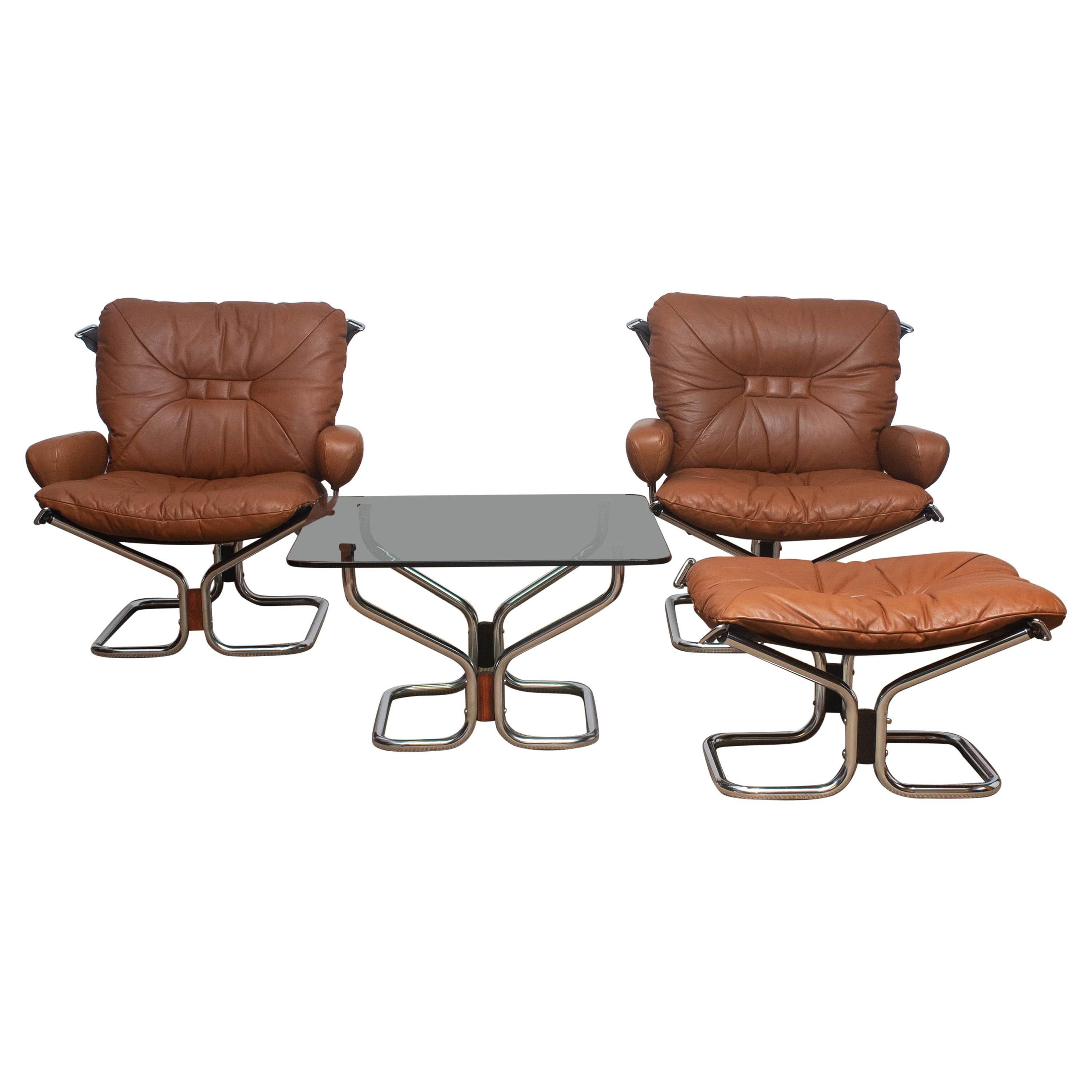 1970s, Lounge Set Wing in Leather or Steel by Harald Relling for Westnofa Norway