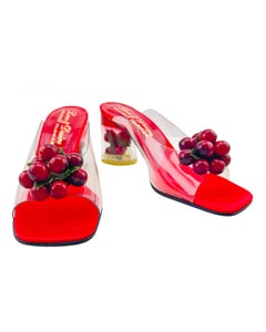 1970's Love & Desire Beverly Feldman PVC und Acryl Kirsche Motiv Pantoletten
