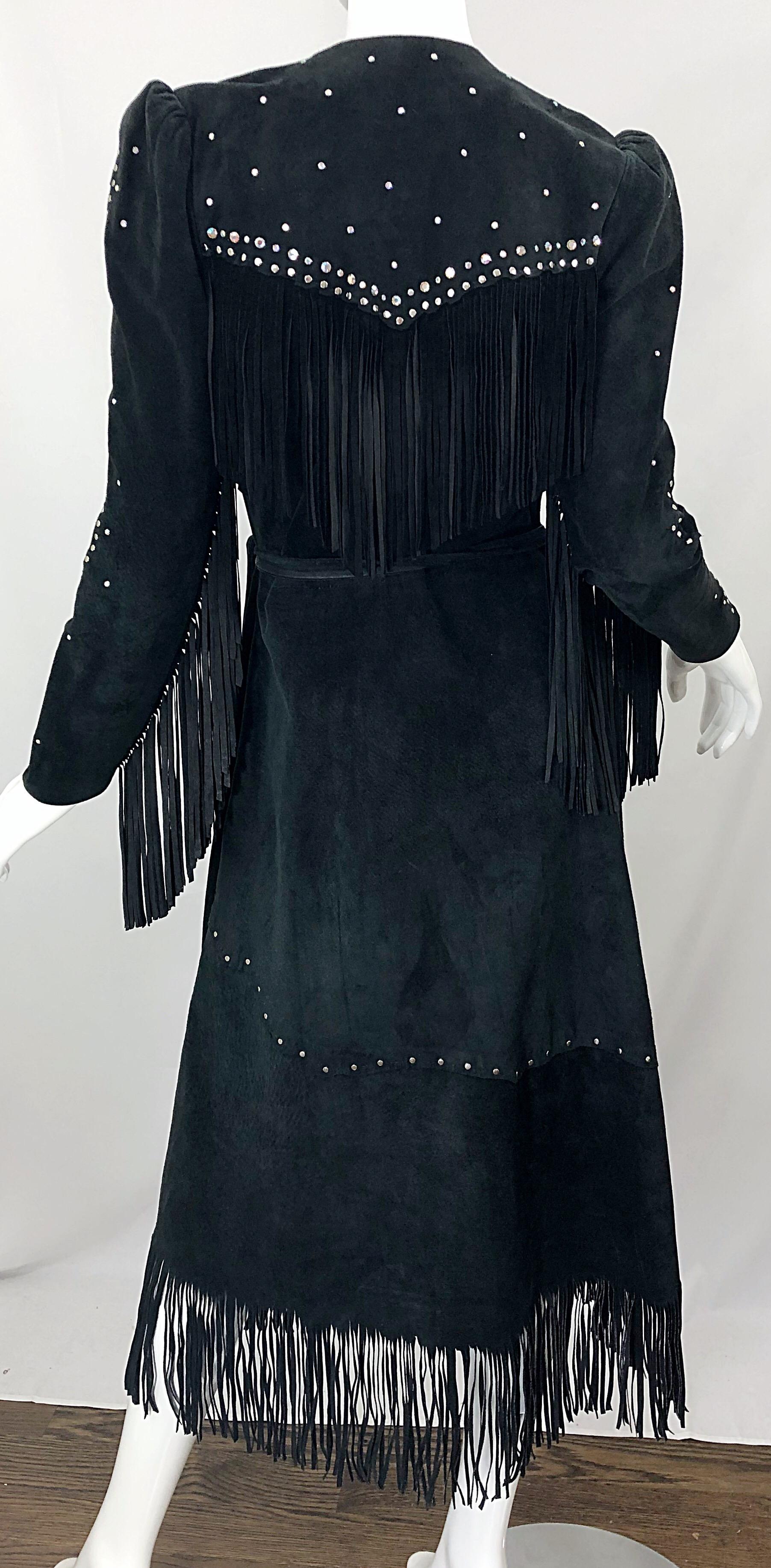 1970s Love, Melody Sabatasso Black Suede Fringe Rhinestone Studded Wrap Dress For Sale 3