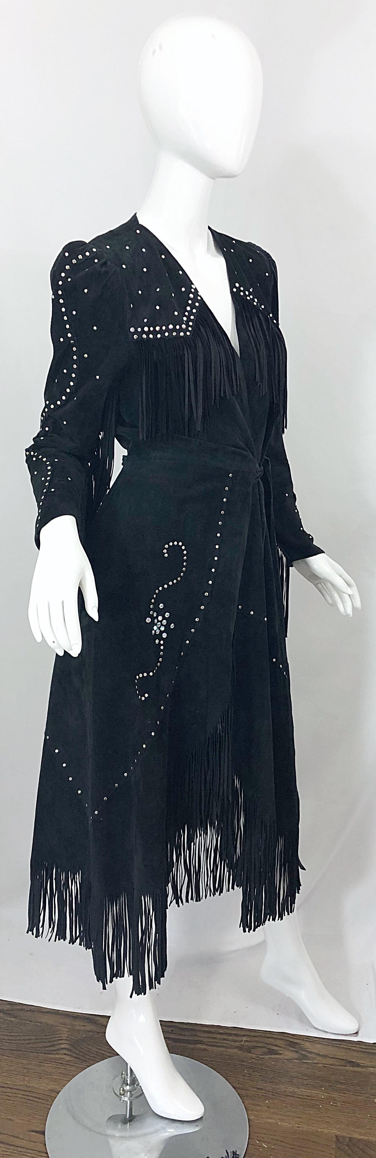 1970s Love, Melody Sabatasso Black Suede Fringe Rhinestone Studded Wrap Dress For Sale 4
