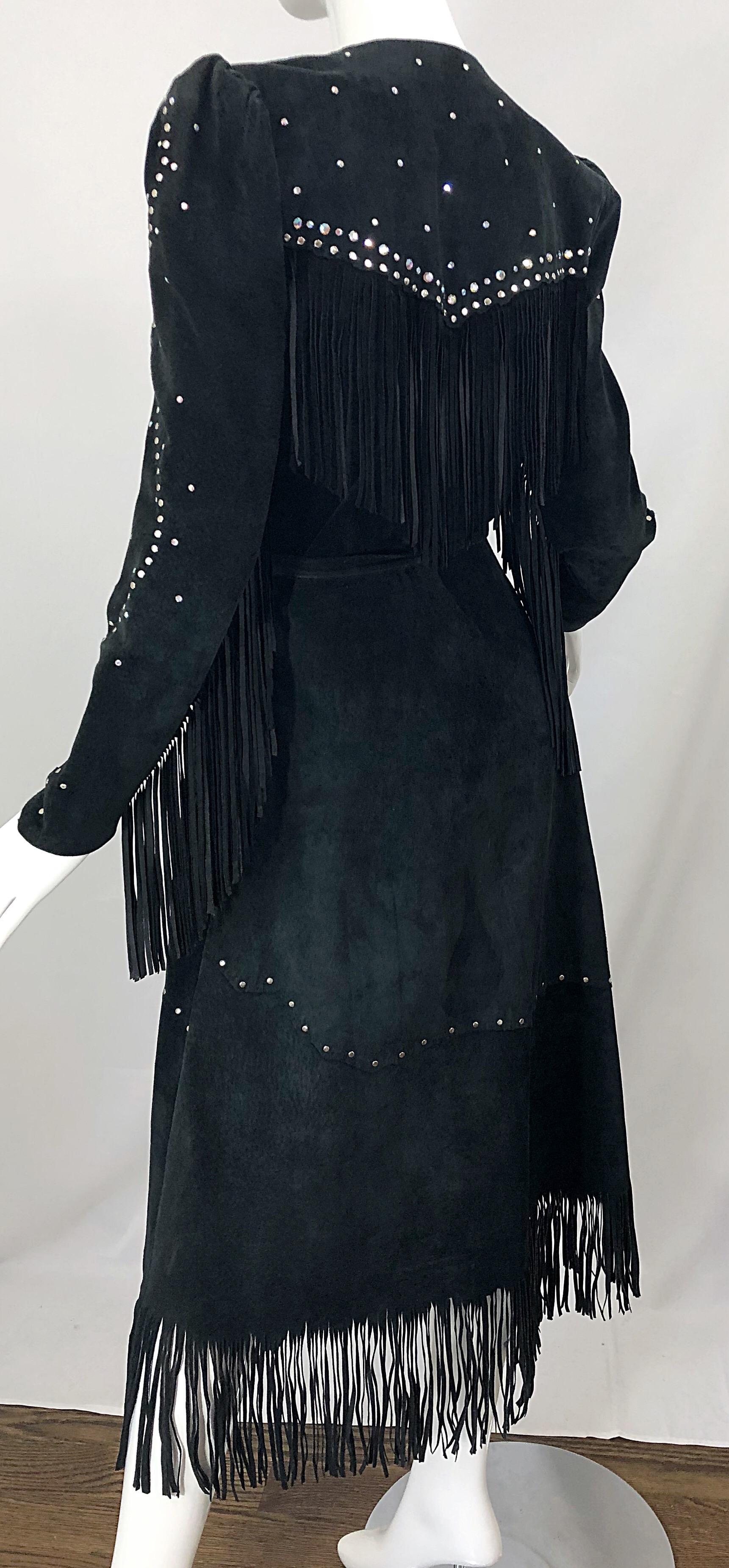 1970s Love, Melody Sabatasso Black Suede Fringe Rhinestone Studded Wrap Dress For Sale 5