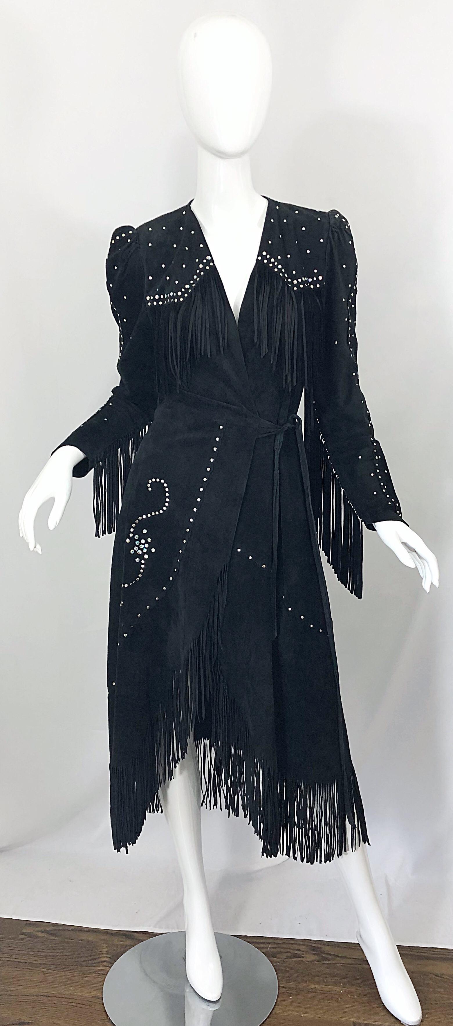 1970s Love, Melody Sabatasso Black Suede Fringe Rhinestone Studded Wrap Dress For Sale 6